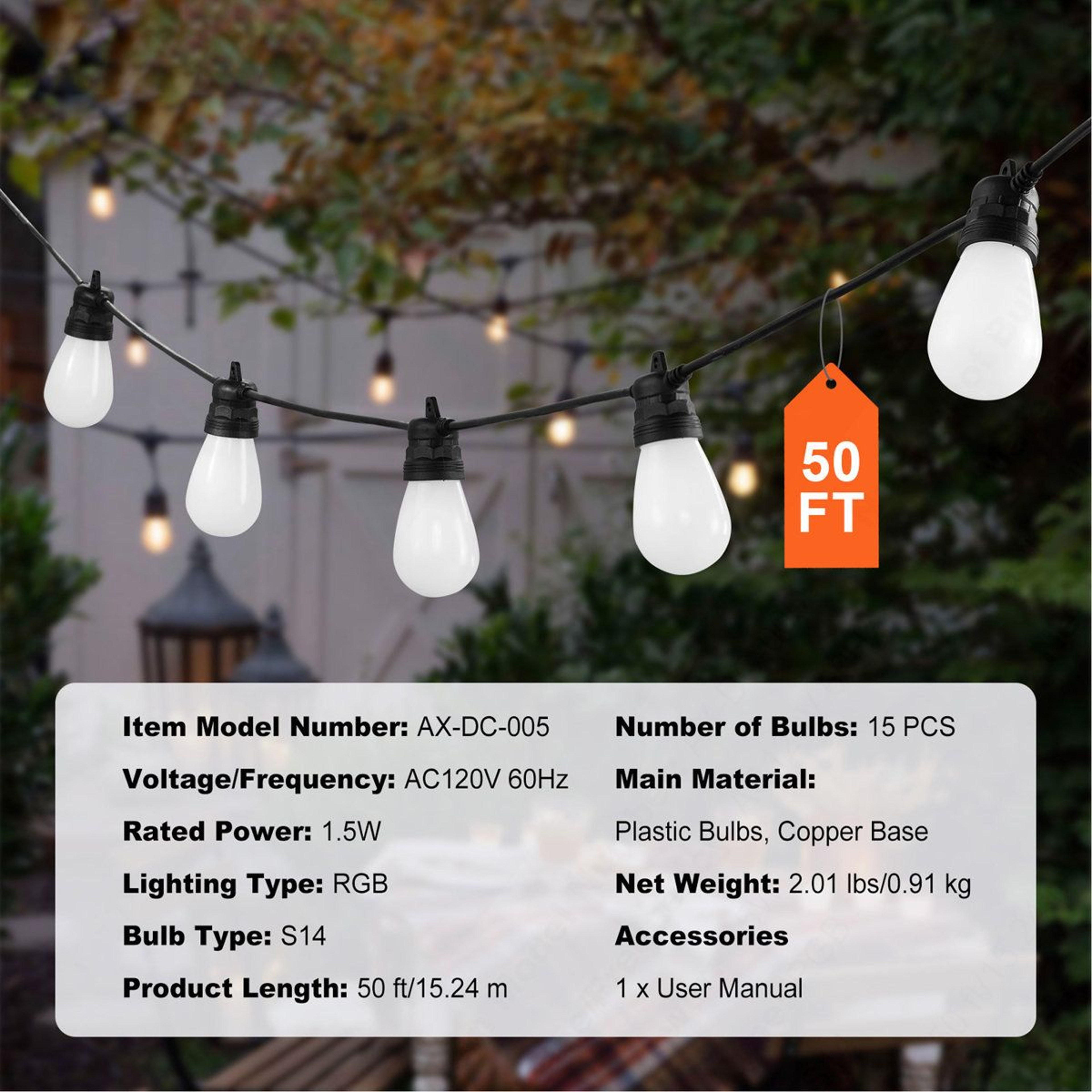 RGB Outdoor String Lights With Bulbs And App Control 1