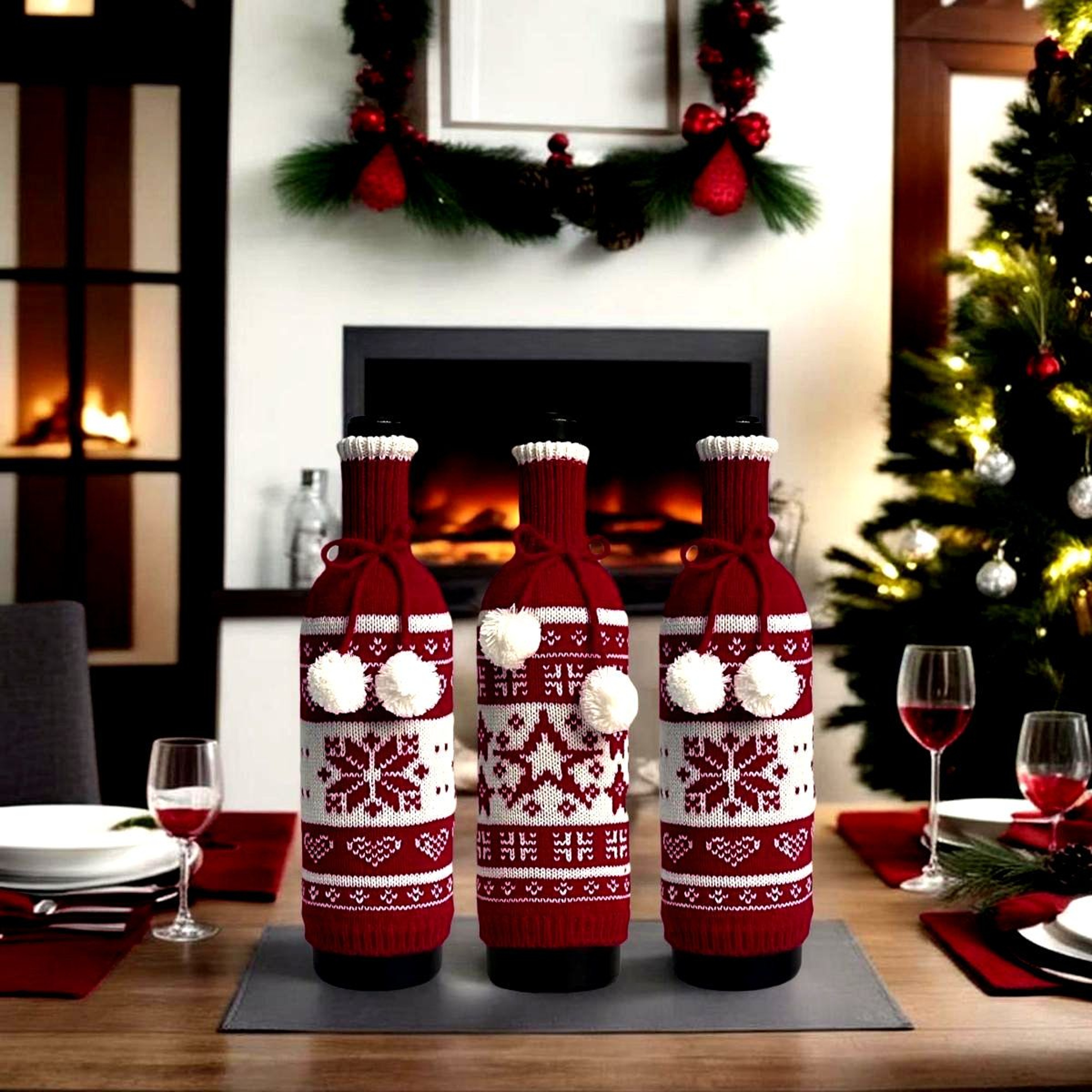 Christmas Knit Sweater Wine Bottle Covers With Snowflake Design 1