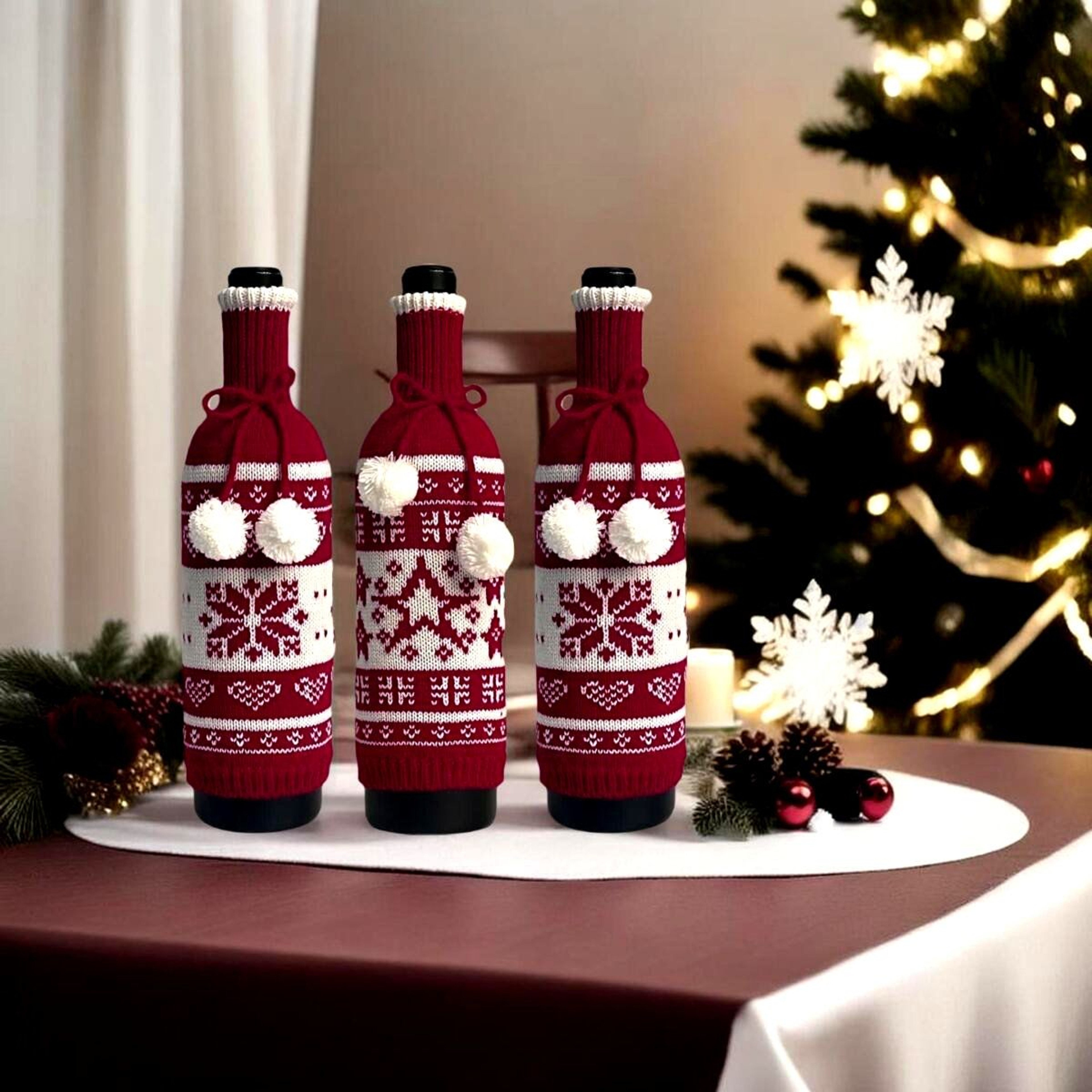 Christmas Knit Sweater Wine Bottle Covers With Snowflake Design 2