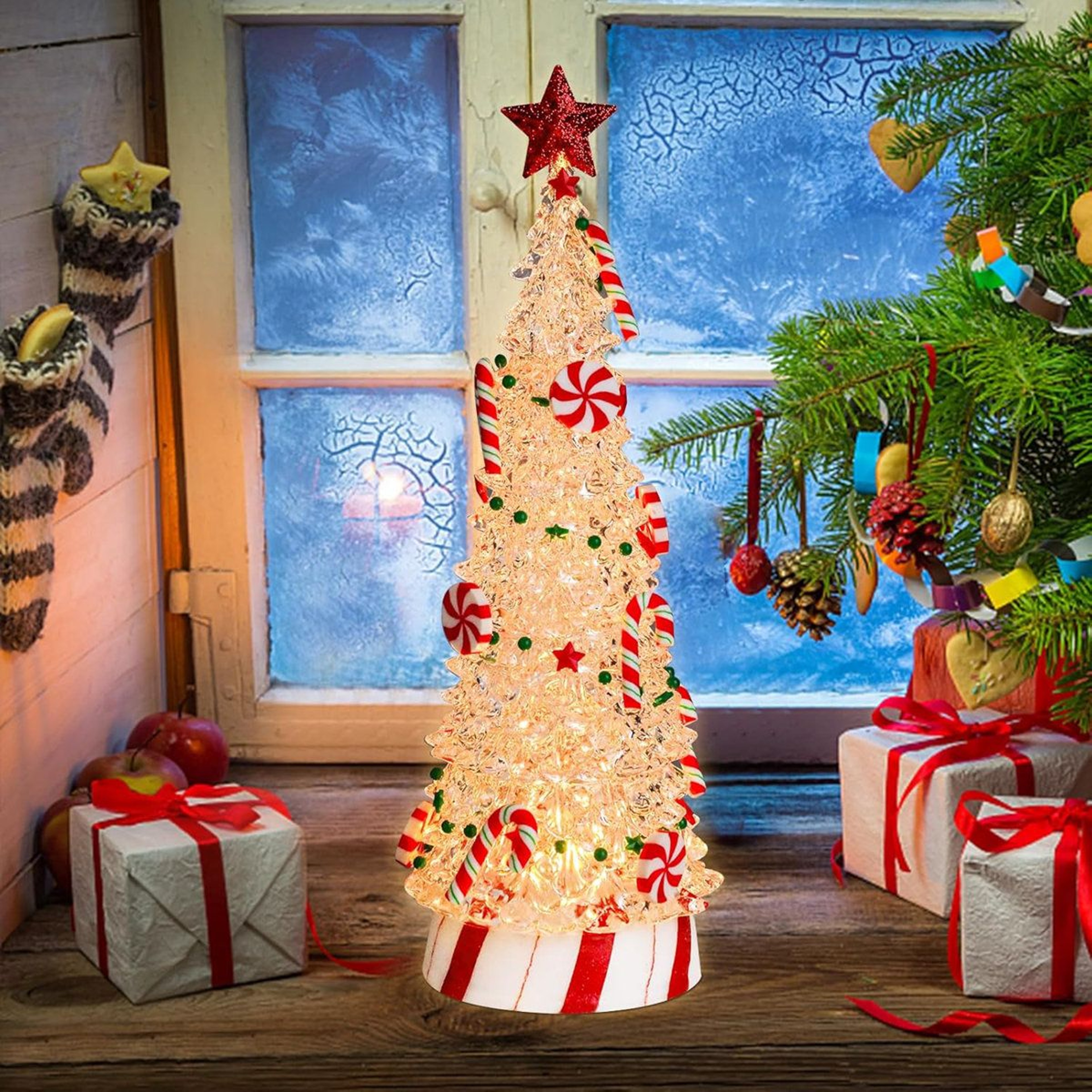 Lighted Candy Cane Christmas Tree Tabletop Resin Decoration 0