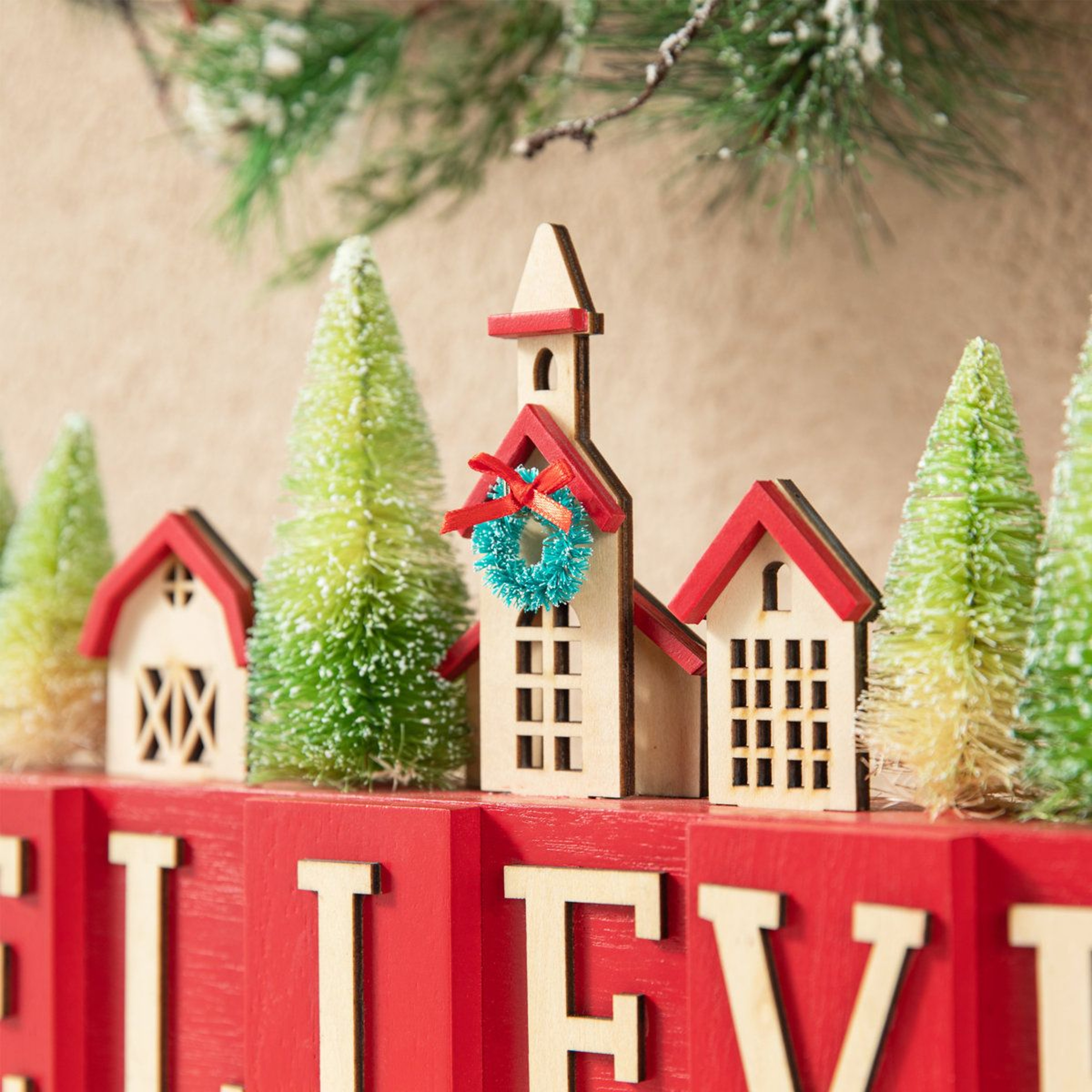 Christmas Wooden House And Bottle Brush Trees Table Decor Hand Painted Accent 4