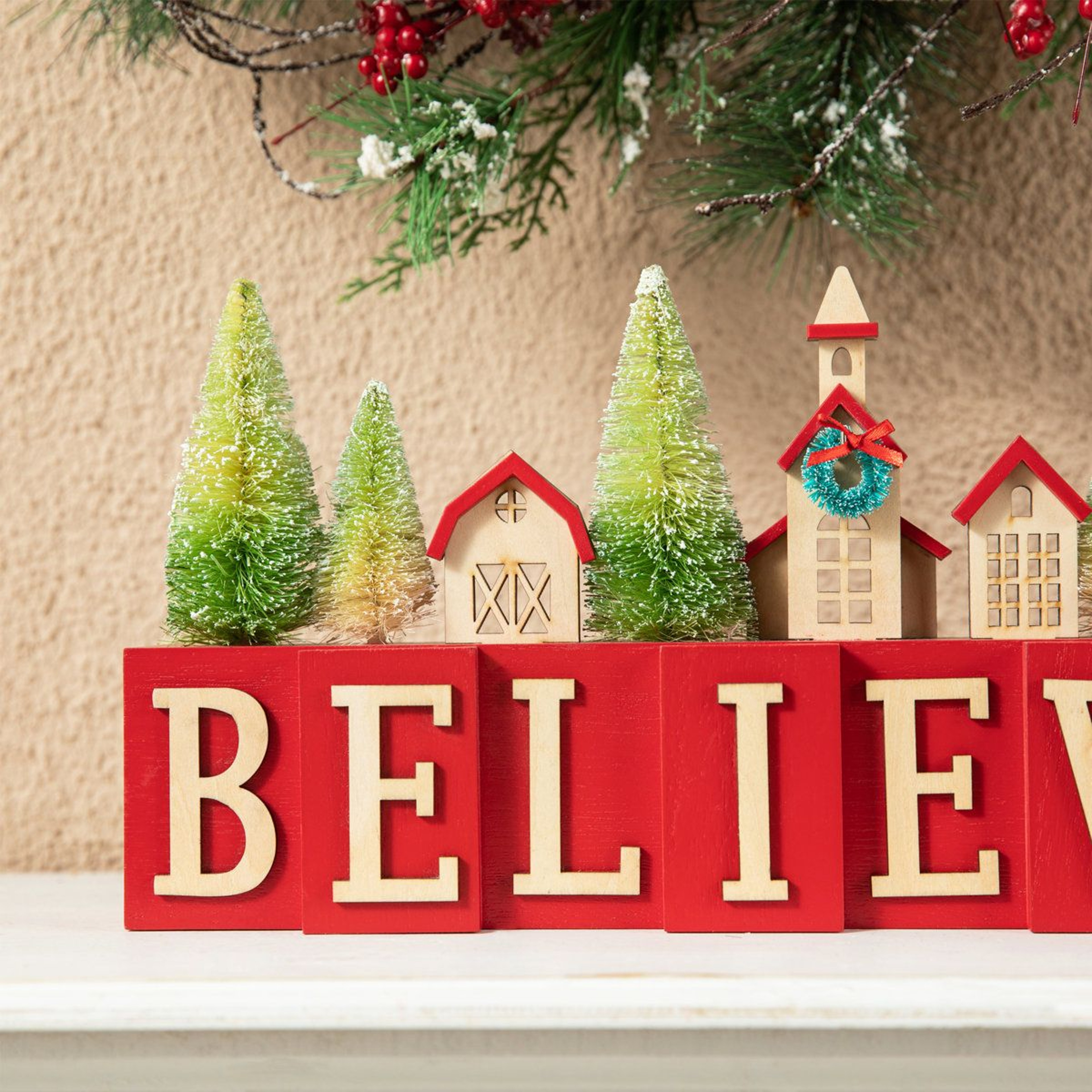 Christmas Wooden House And Bottle Brush Trees Table Decor Hand Painted Accent 5