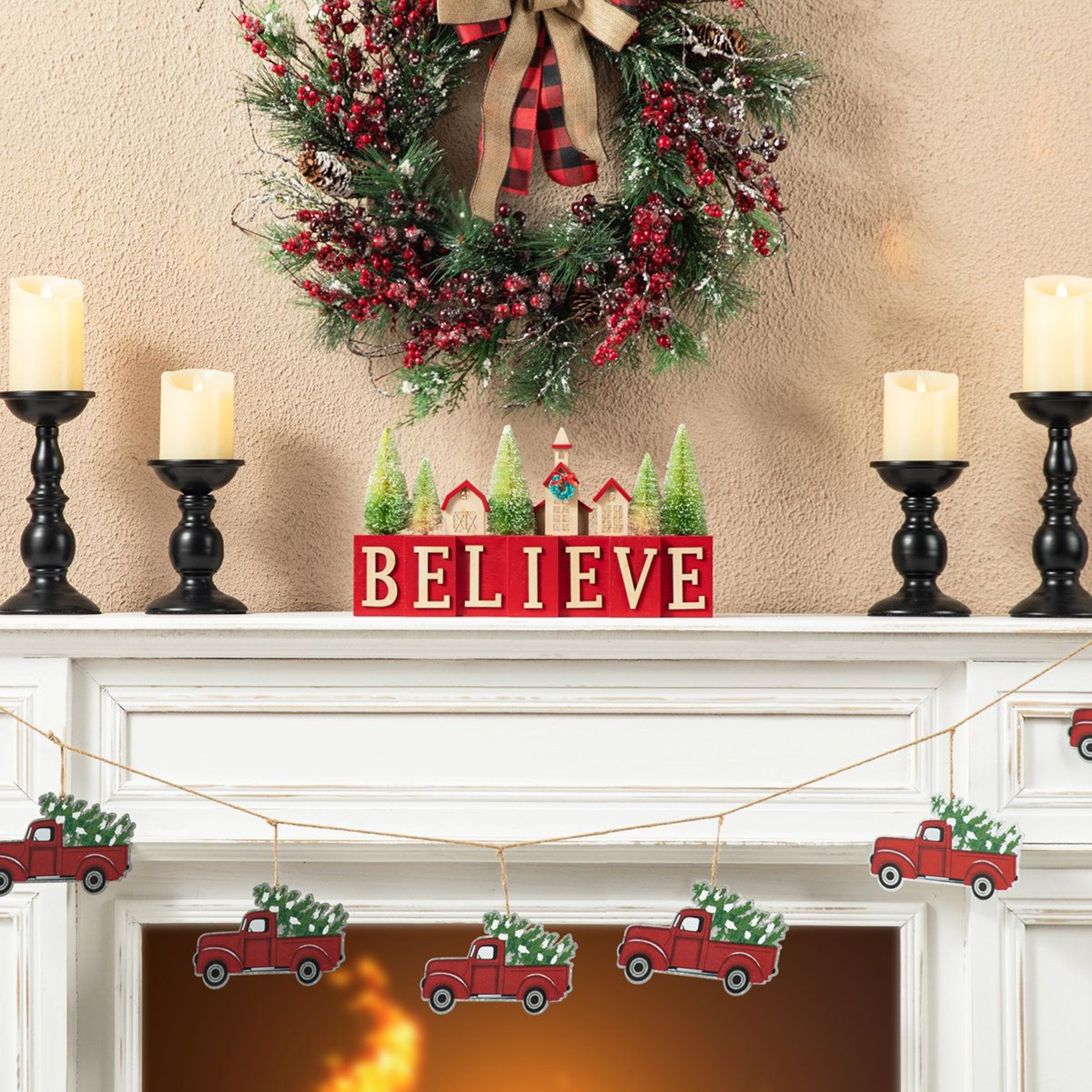 Christmas Wooden House And Bottle Brush Trees Table Decor Hand Painted Accent 0