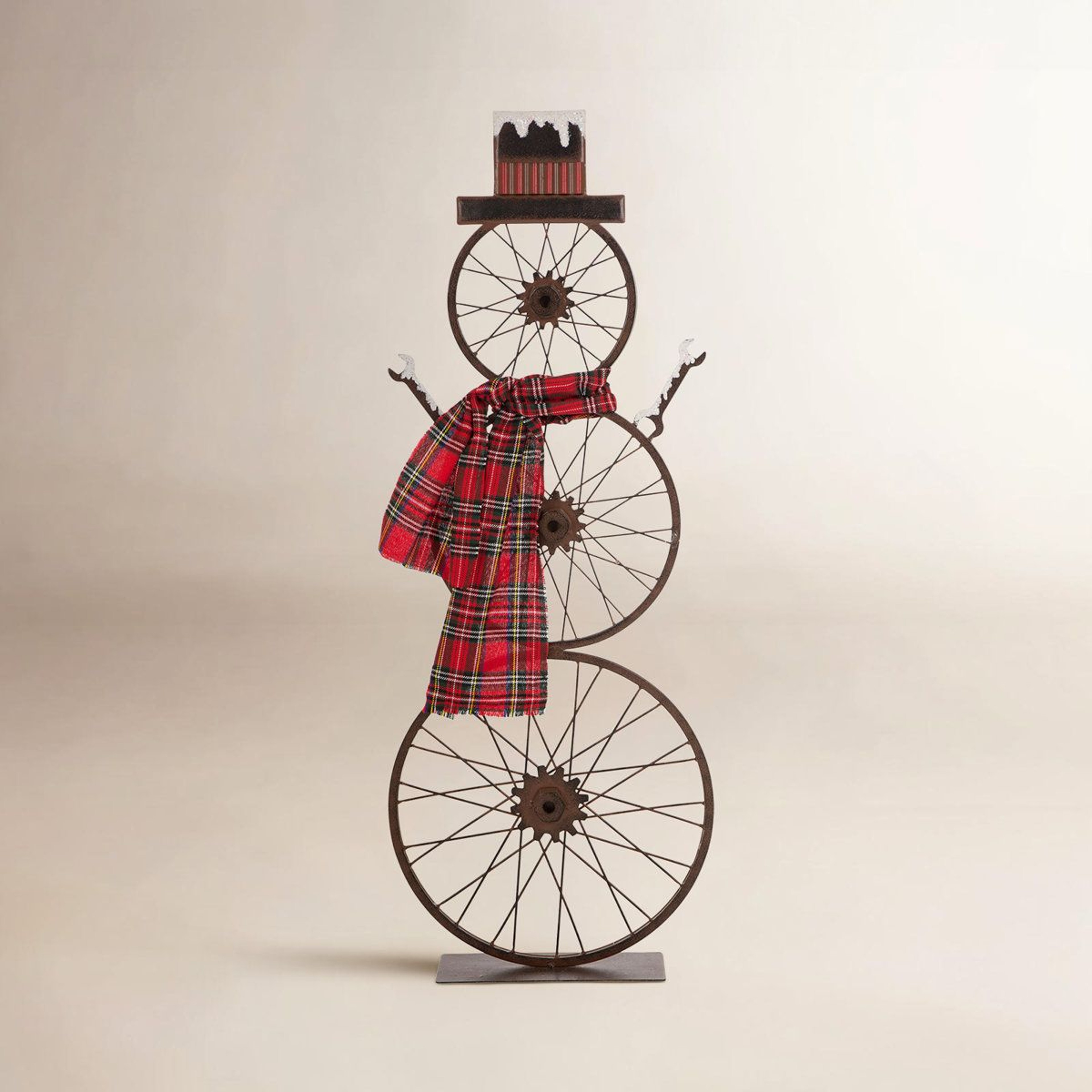 Metal Bike Wheel Snowman Porch Decor With Plaid Scarf Christmas Decoration 0