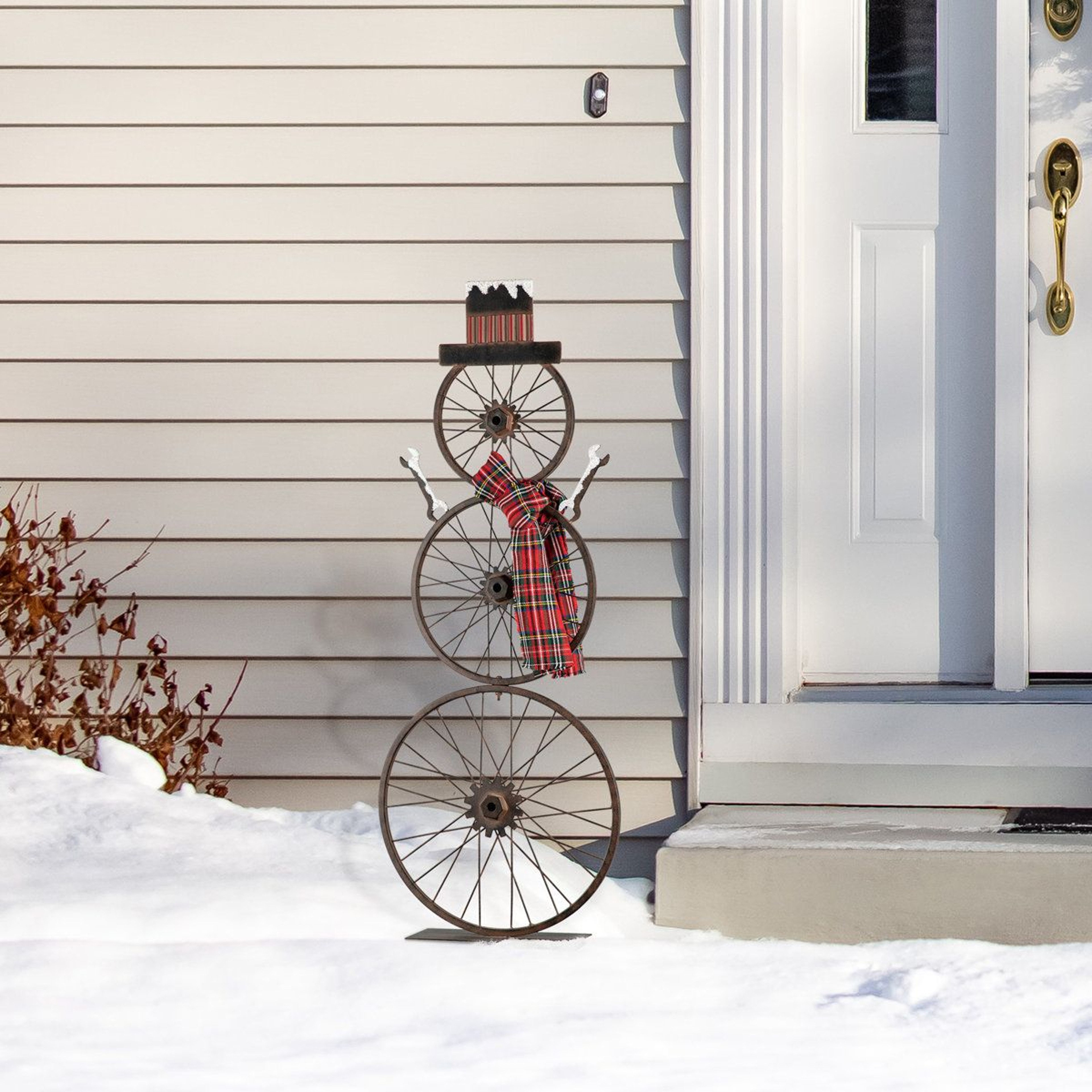 Metal Bike Wheel Snowman Porch Decor With Plaid Scarf Christmas Decoration 3