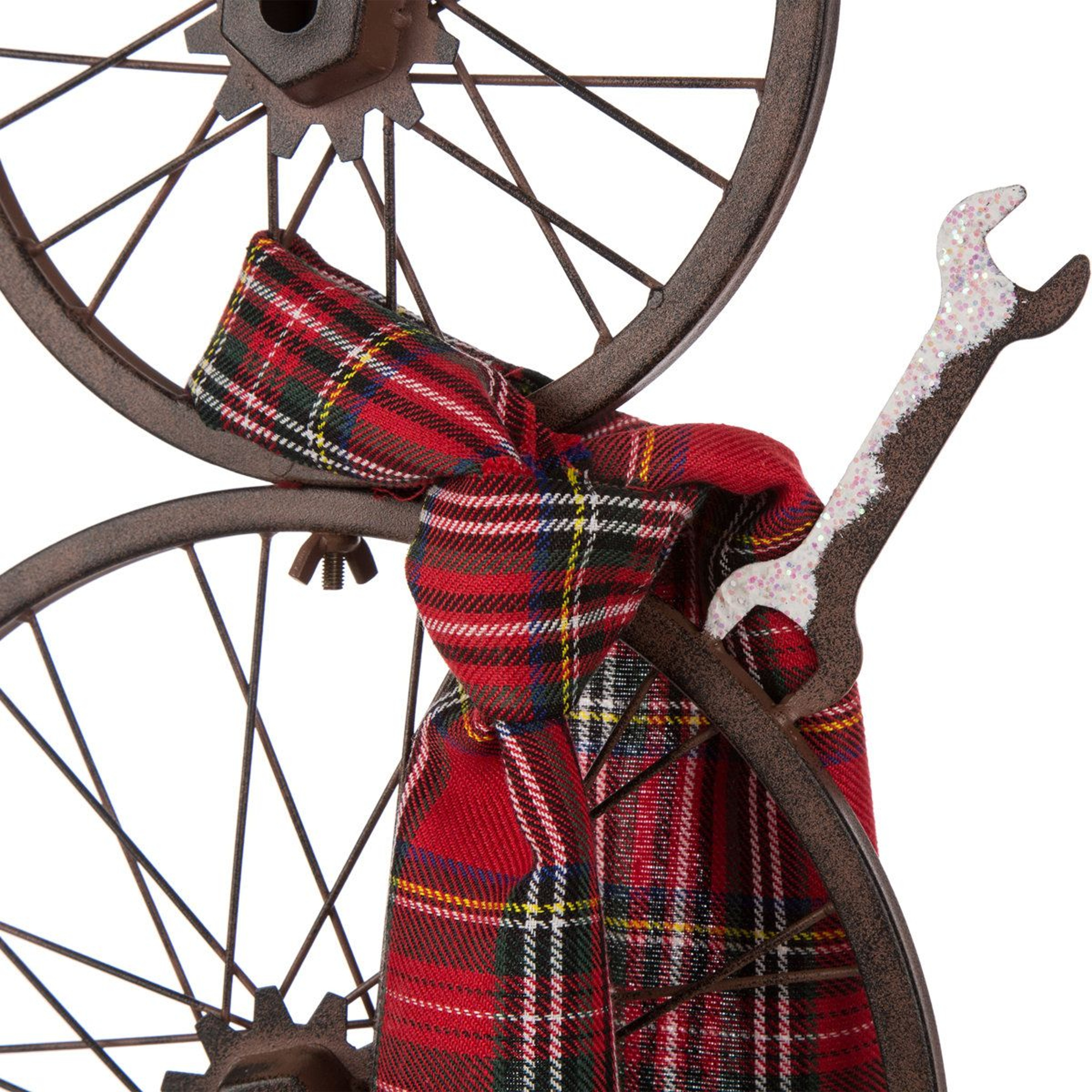 Metal Bike Wheel Snowman Porch Decor With Plaid Scarf Christmas Decoration 4