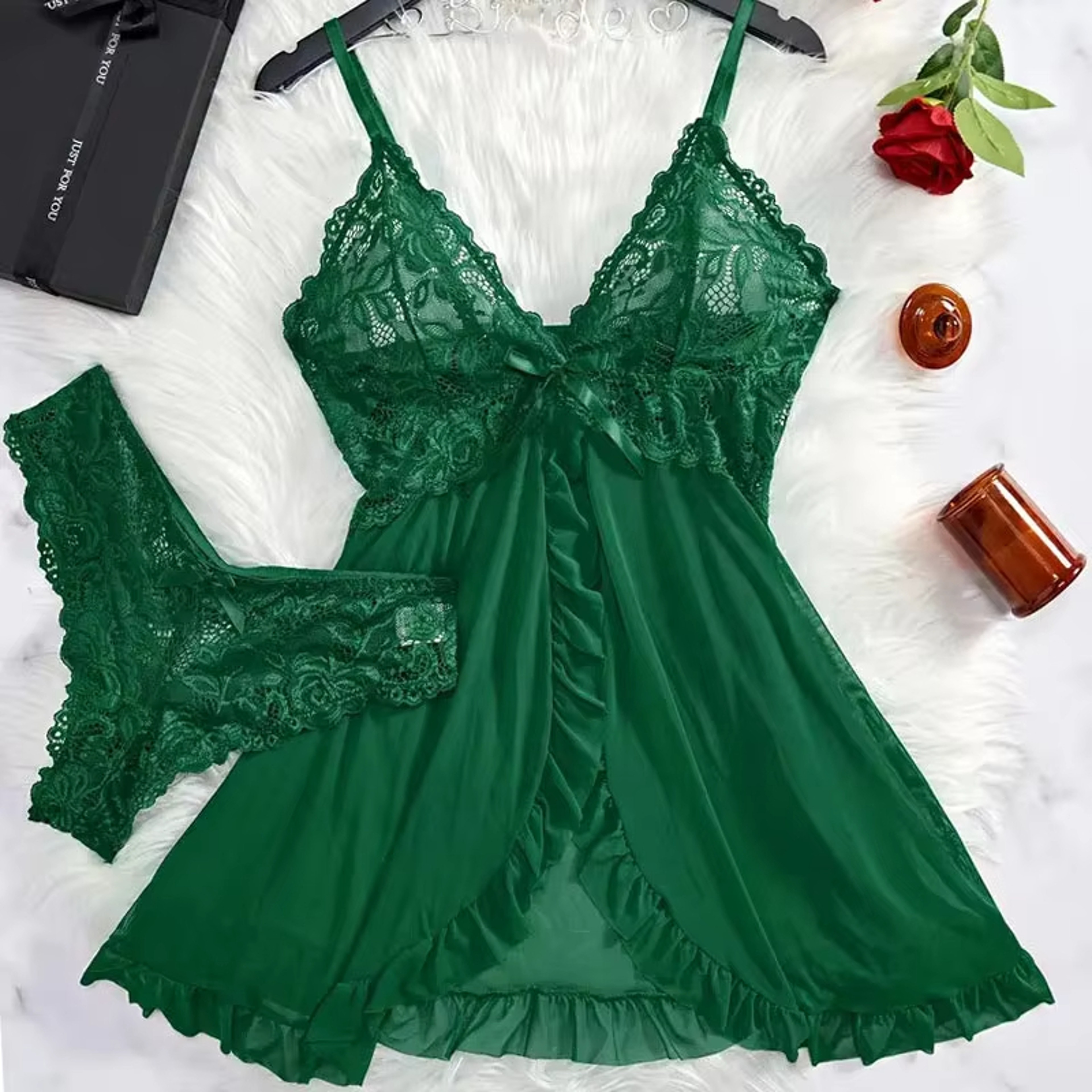 Lace Nightgown Set Sheer V Neck Sleepwear Bra Panty Lingerie Set 2