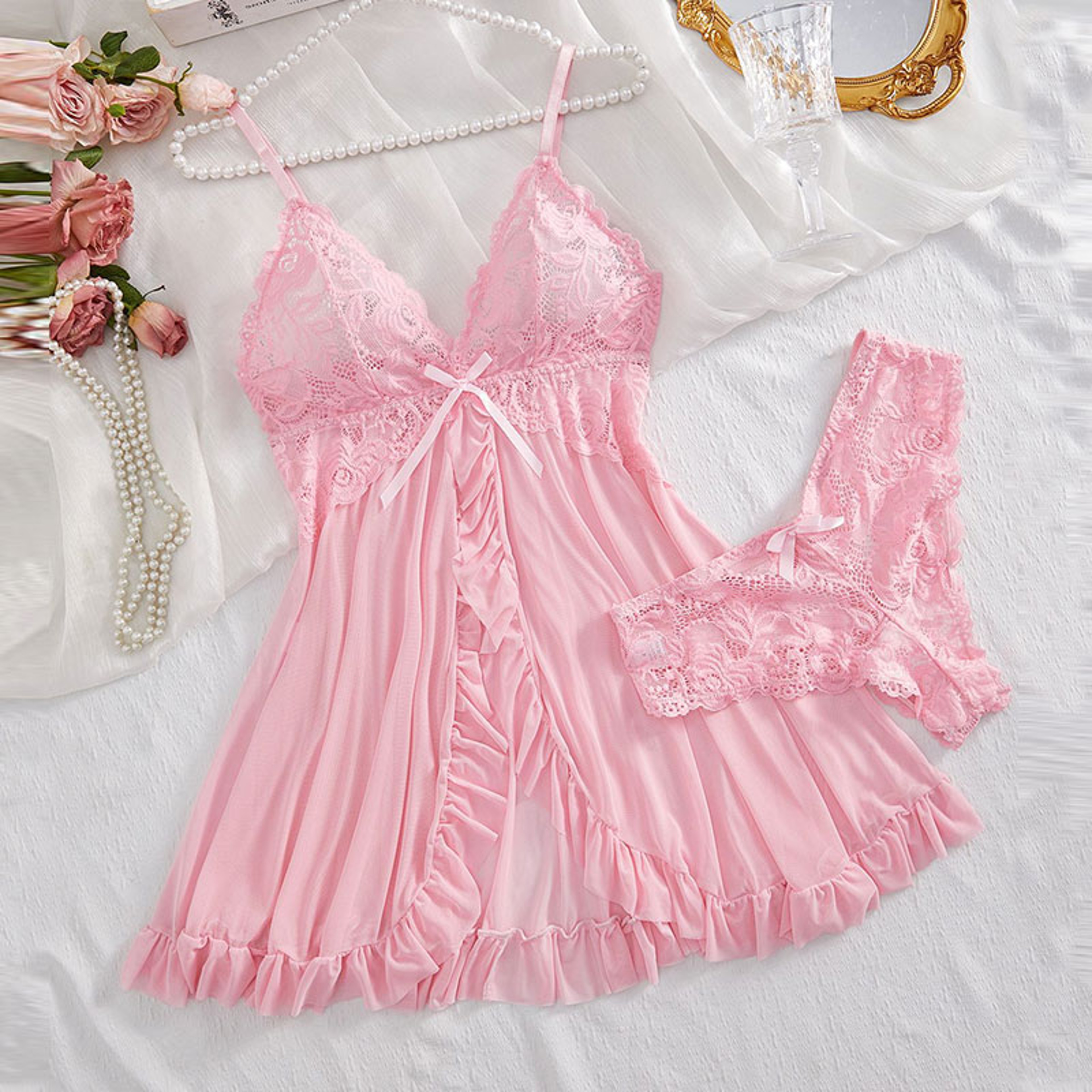 Lace Nightgown Set Sheer V Neck Sleepwear Bra Panty Lingerie Set 3