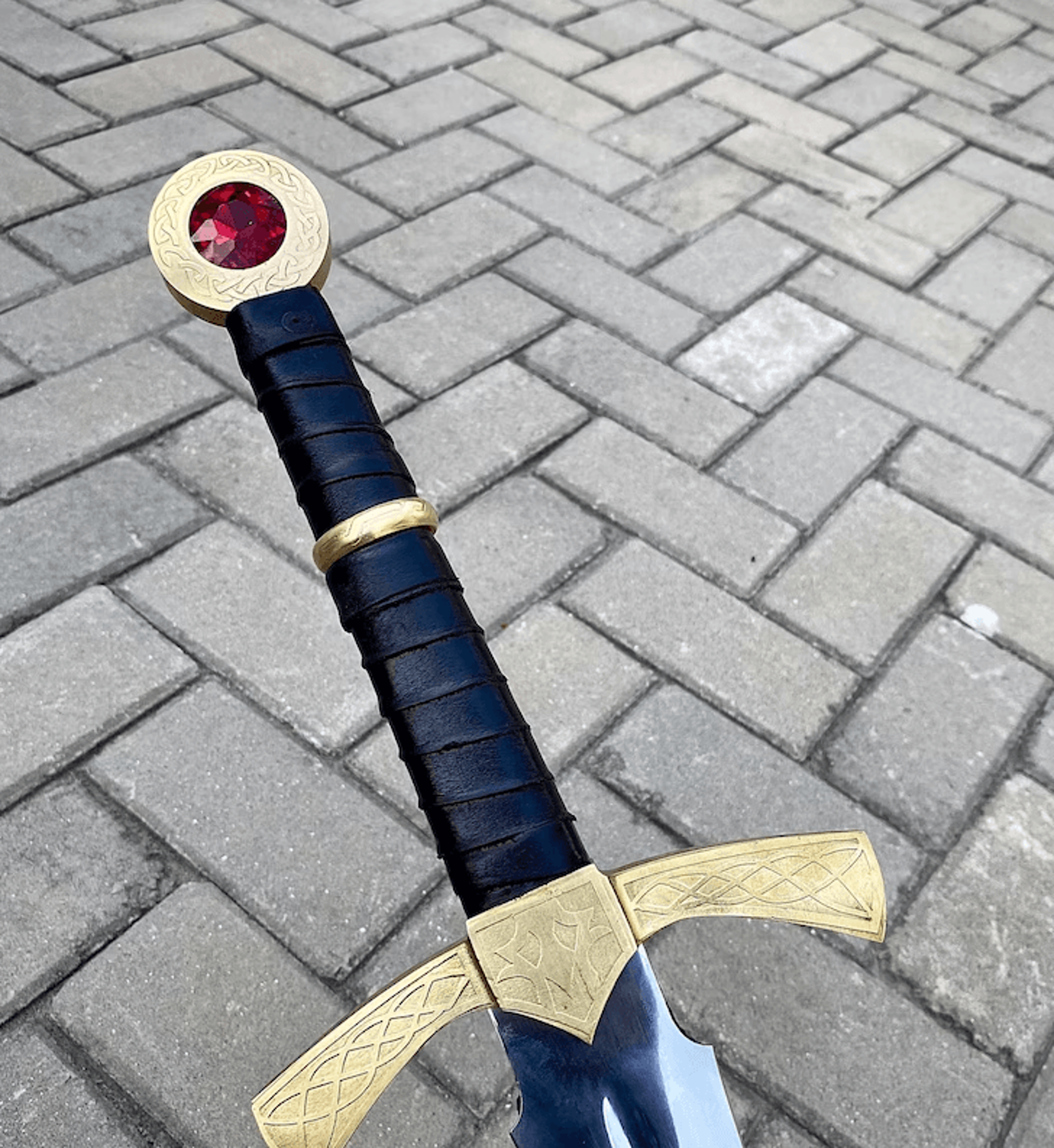 Flame Engraved Fantasy Sword  Ruby  Gold Hilt 28 Inch Blade  Collector Display Piece 1