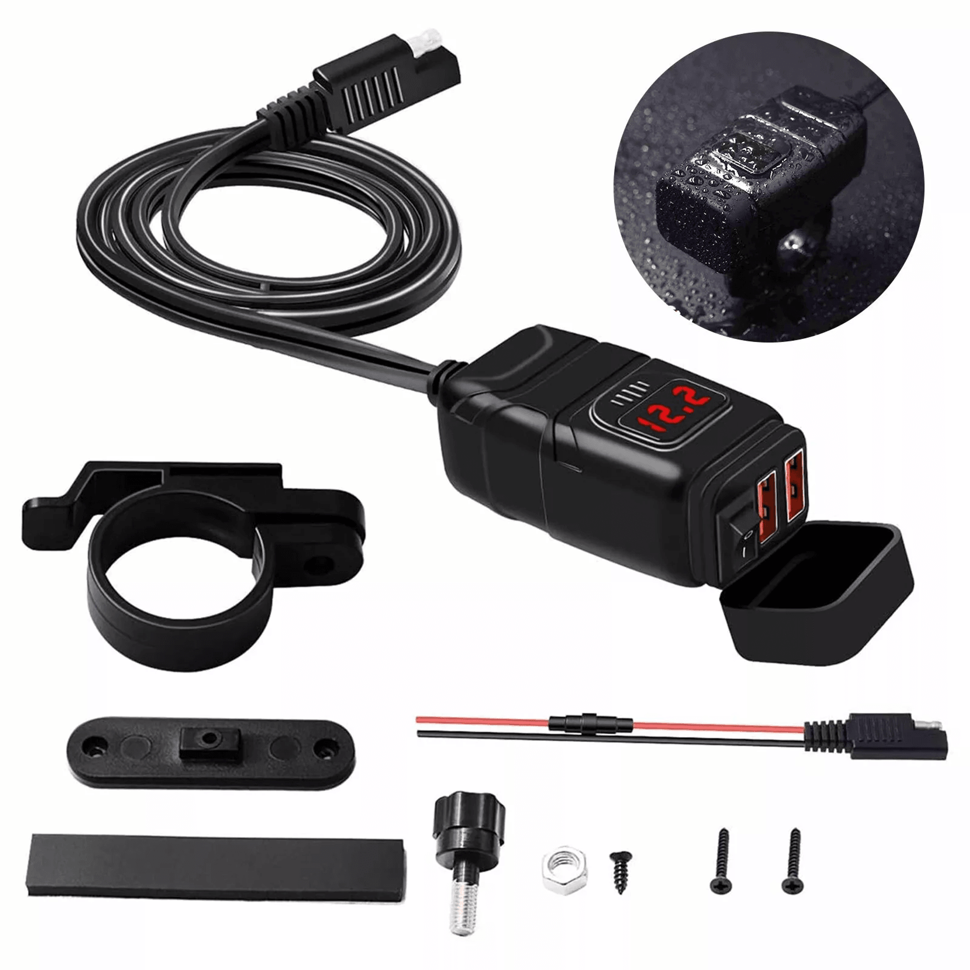 Motorcycle USB Charger Quick Charge Dual USB Port Waterproof Phone GPS Charger With Voltmeter Switc 2