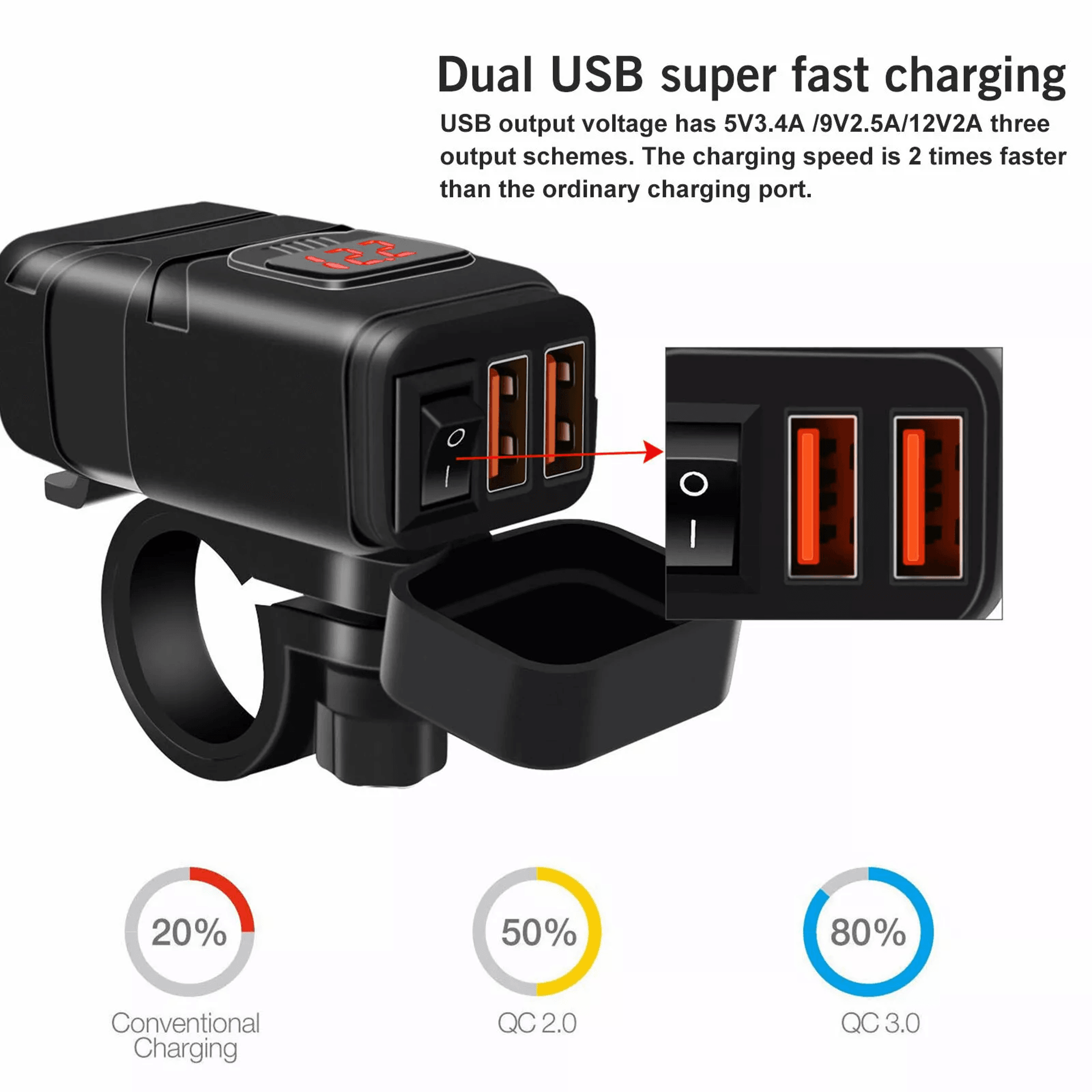 Motorcycle USB Charger Quick Charge Dual USB Port Waterproof Phone GPS Charger With Voltmeter Switc 3