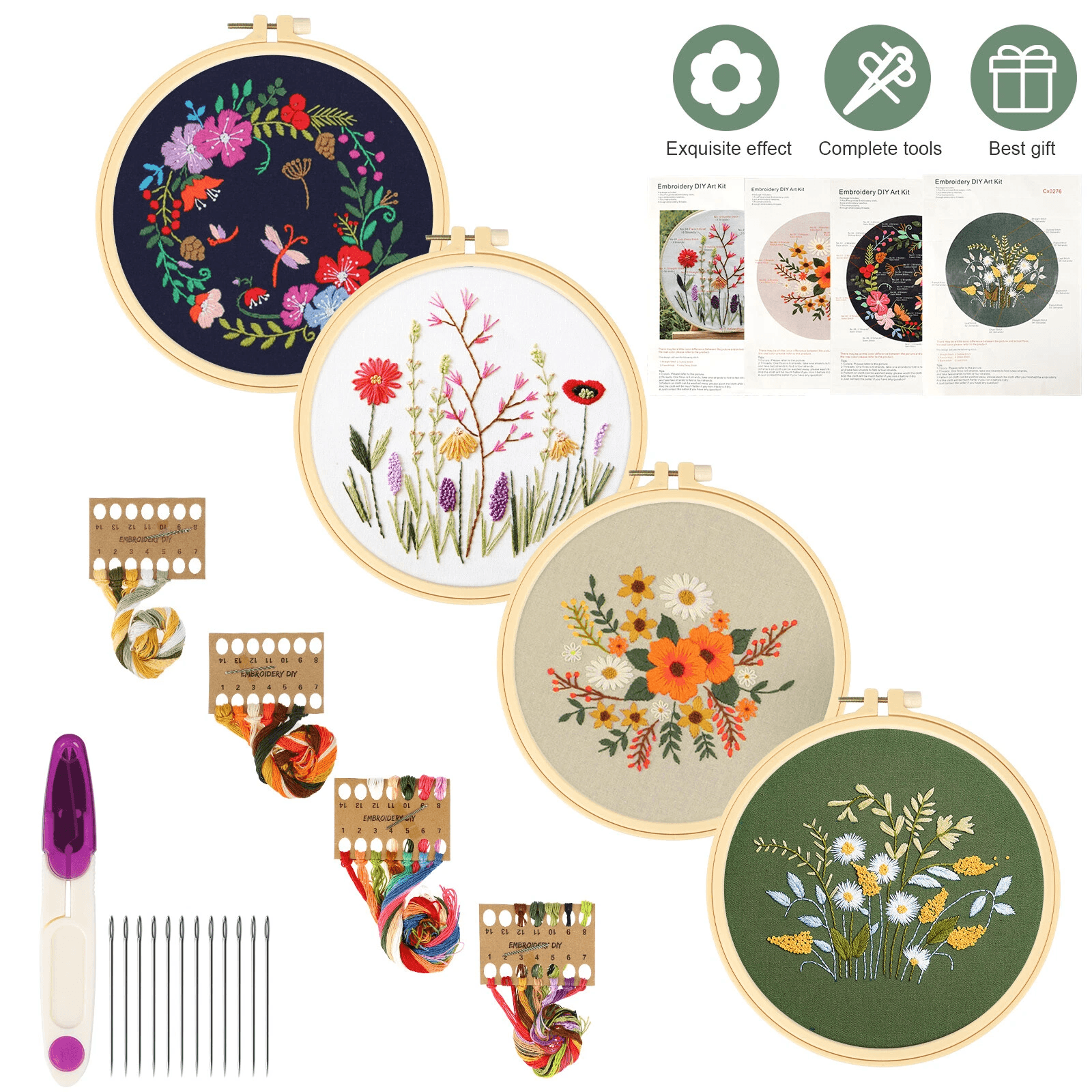 Beginner Cross Stitch Embroidery Starter Kit DIY Stamped Kits With Hoops Threads  Floral Patterns 0