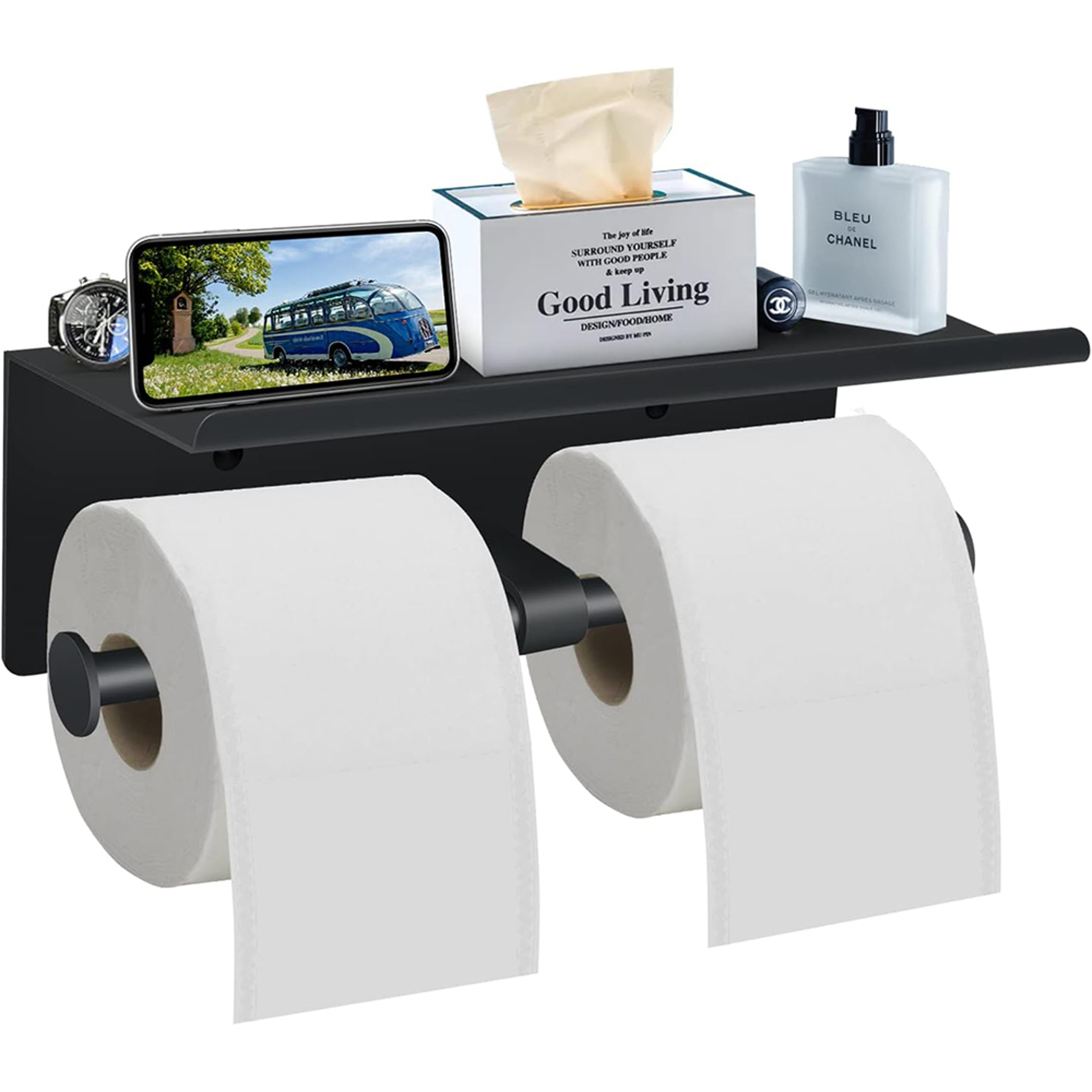 Premium Wall Mount Double Toilet Paper Holder with Shelf Durable Stainless Steel Bathroom Accessory with Phone Tray – view 8