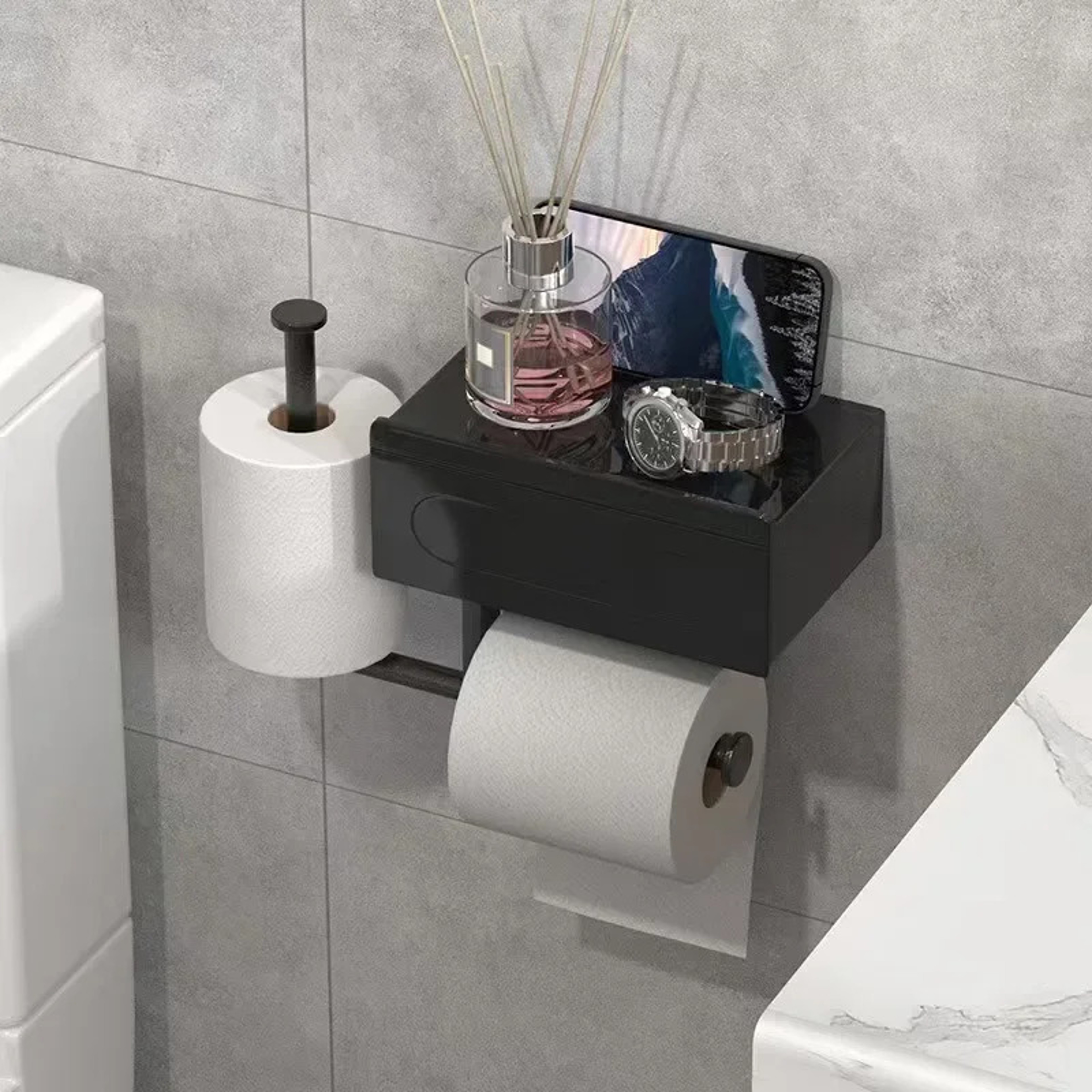 Aero Shelf Drill Free Toilet Paper Holder With Storage Shelf 3