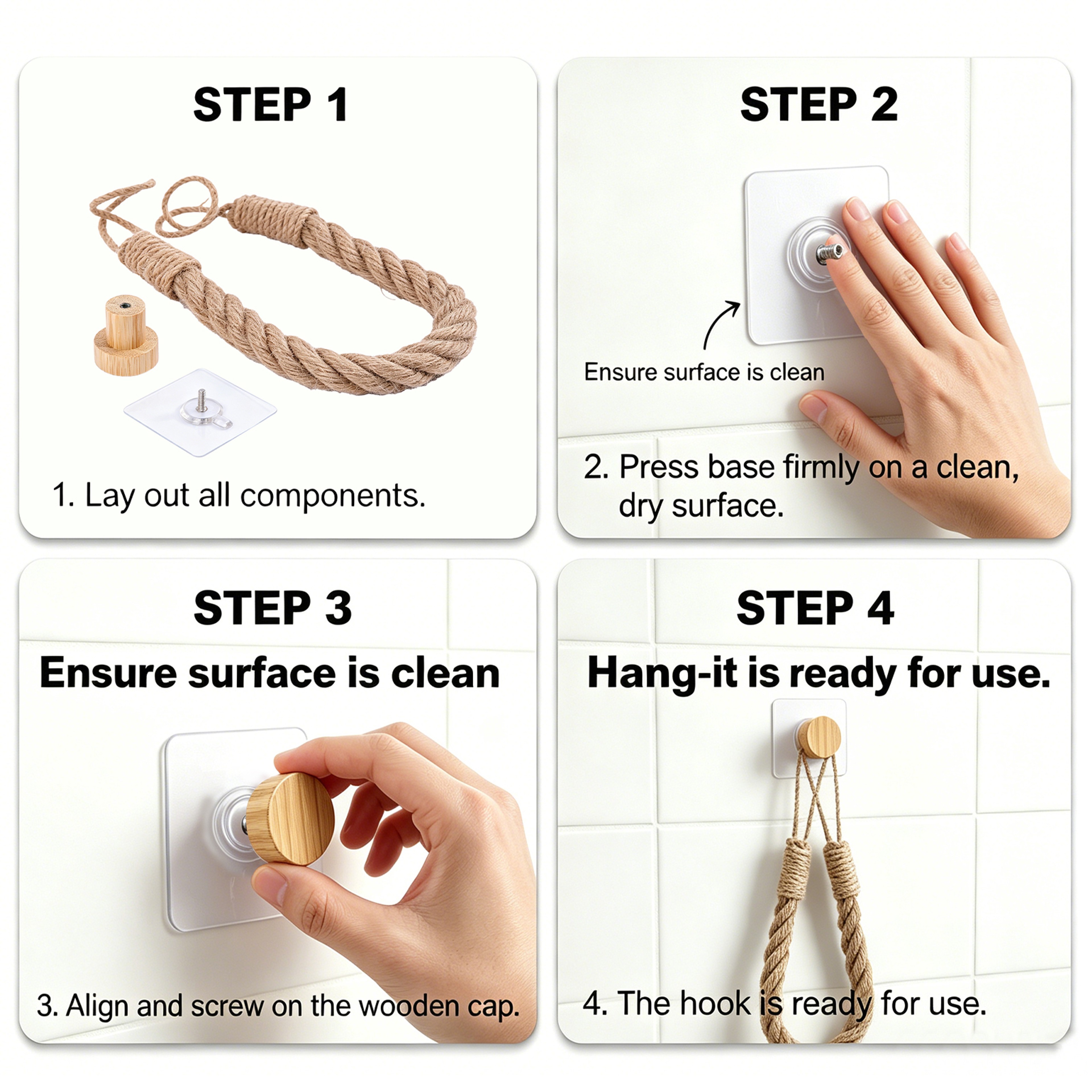 Natural Hemp Rope Toilet Paper Holder  No Drill Wall Mount Towel Rack With Bathroom Storage Shelf 3