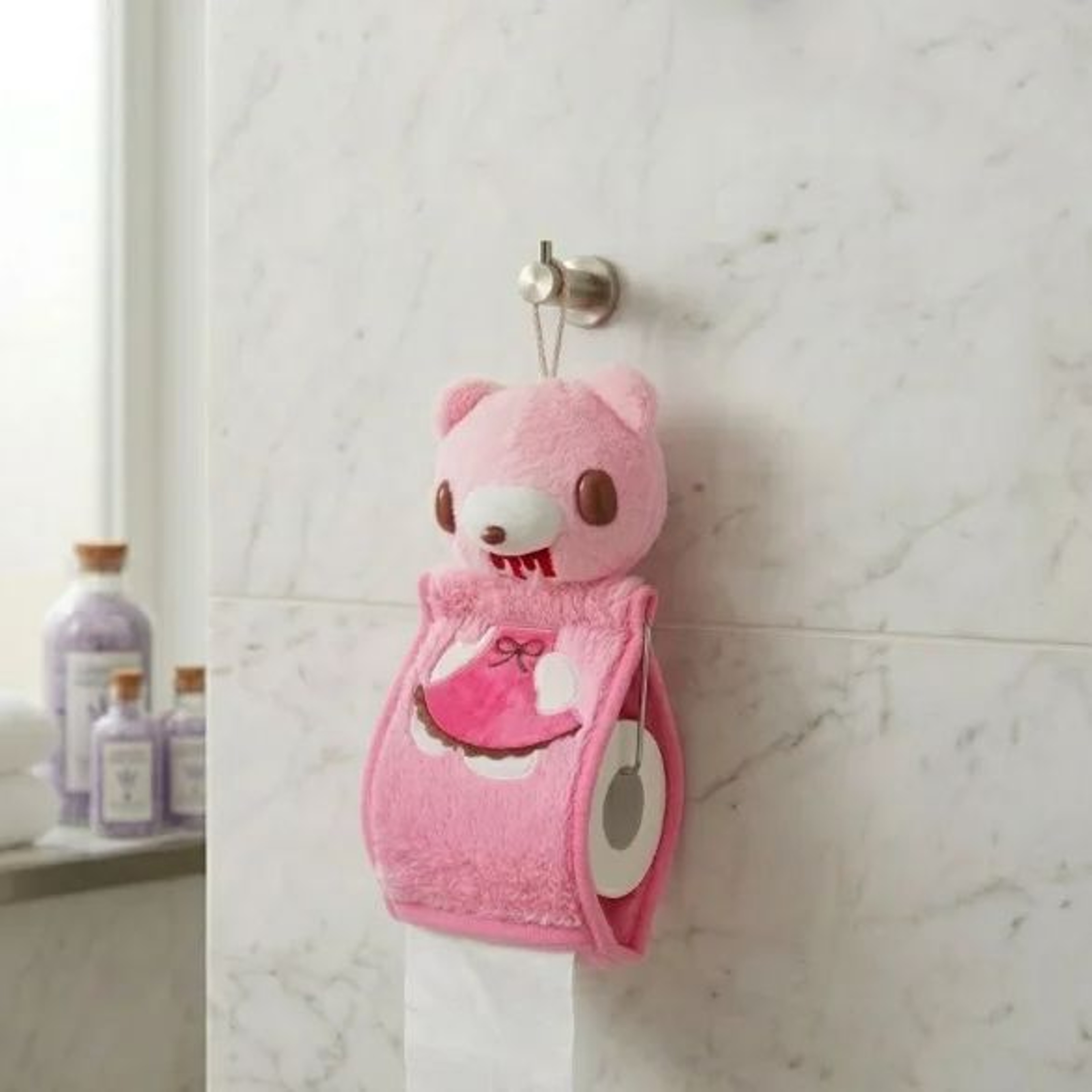 Pink Bear Plush Tissue Holder Cute Hanging Tissue Box Cover For Bathroom Decor 1