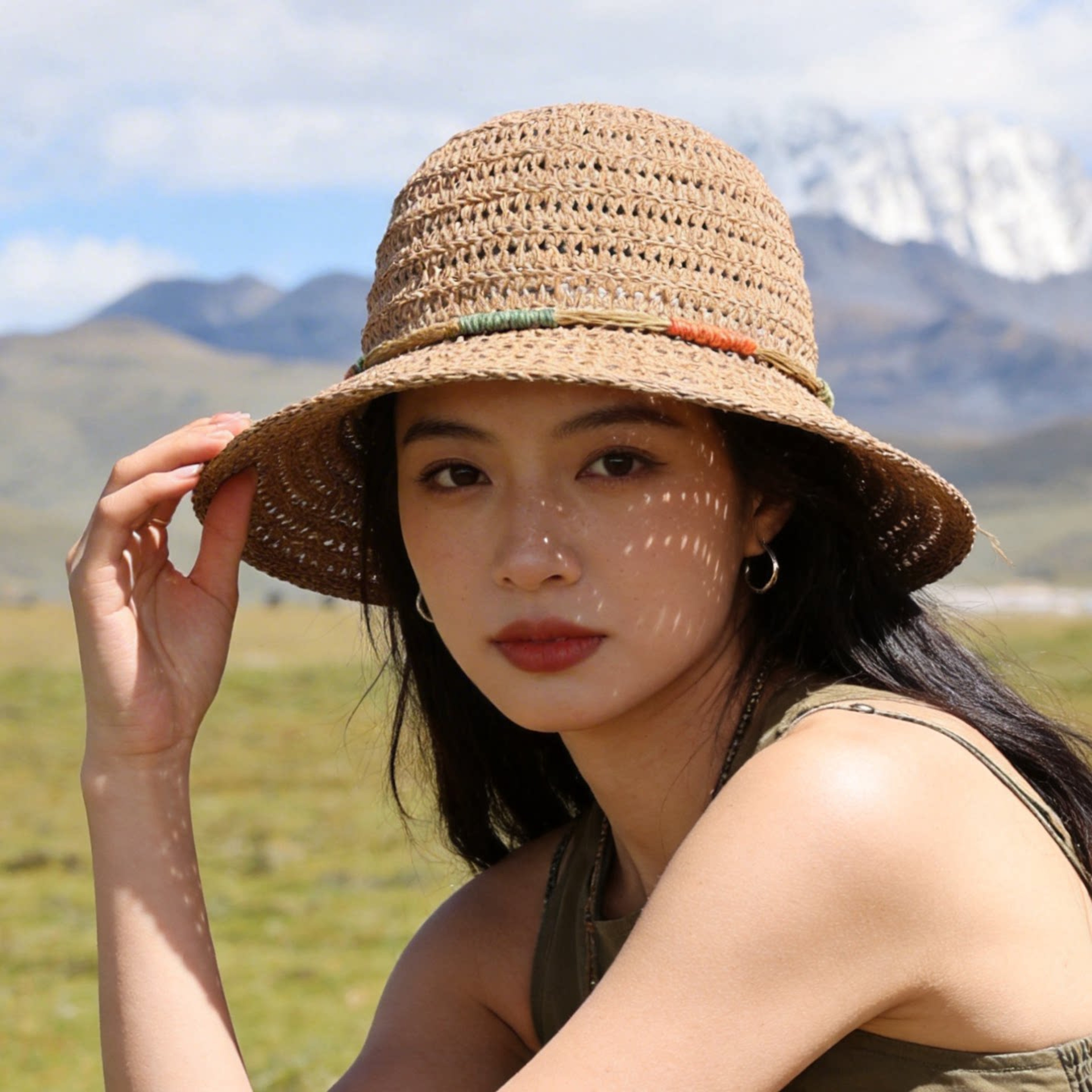 Elegant Women Straw Bucket Hat Wide Brim UV Protection Crochet Beach Sun Hat 0