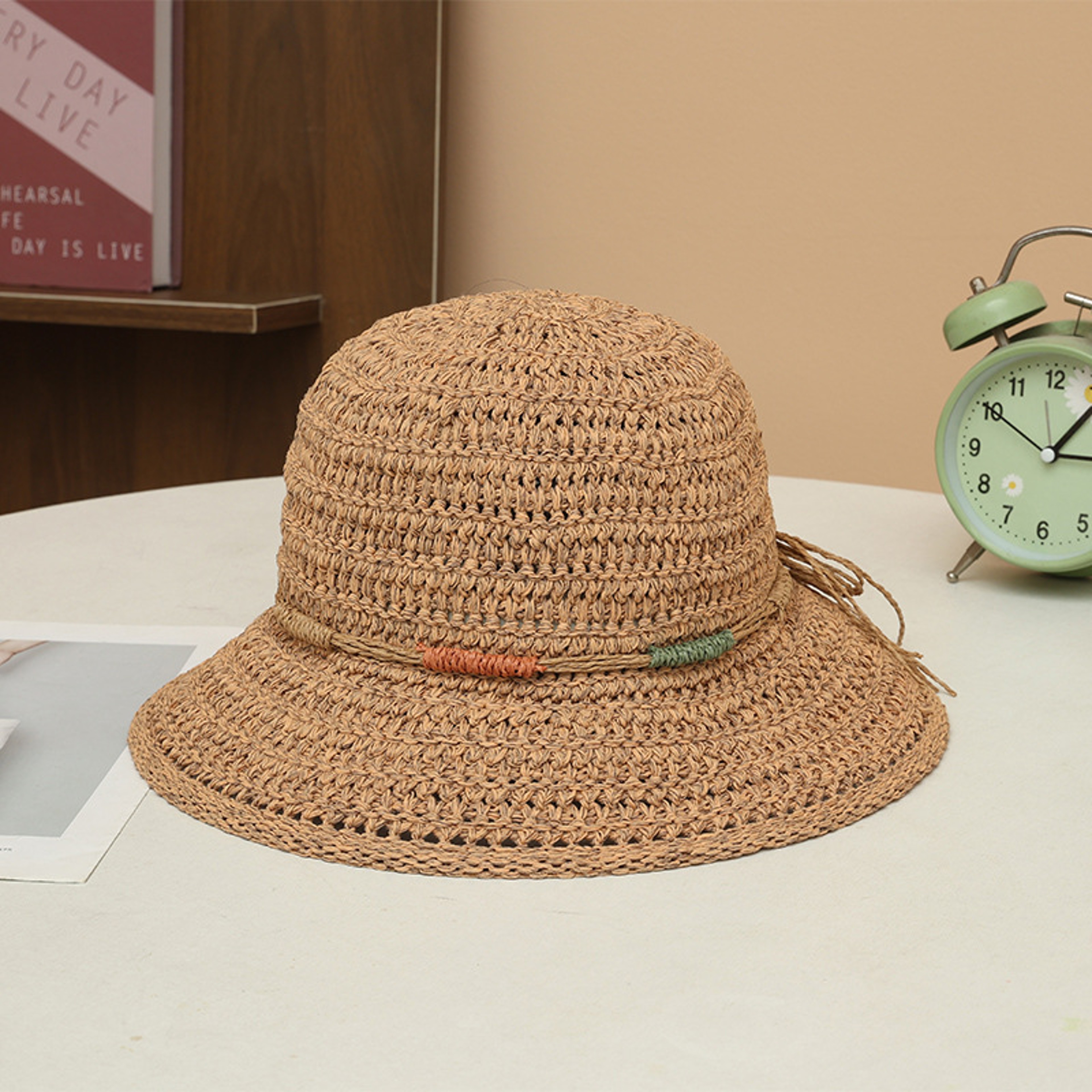 Elegant Women Straw Bucket Hat Wide Brim UV Protection Crochet Beach Sun Hat 1