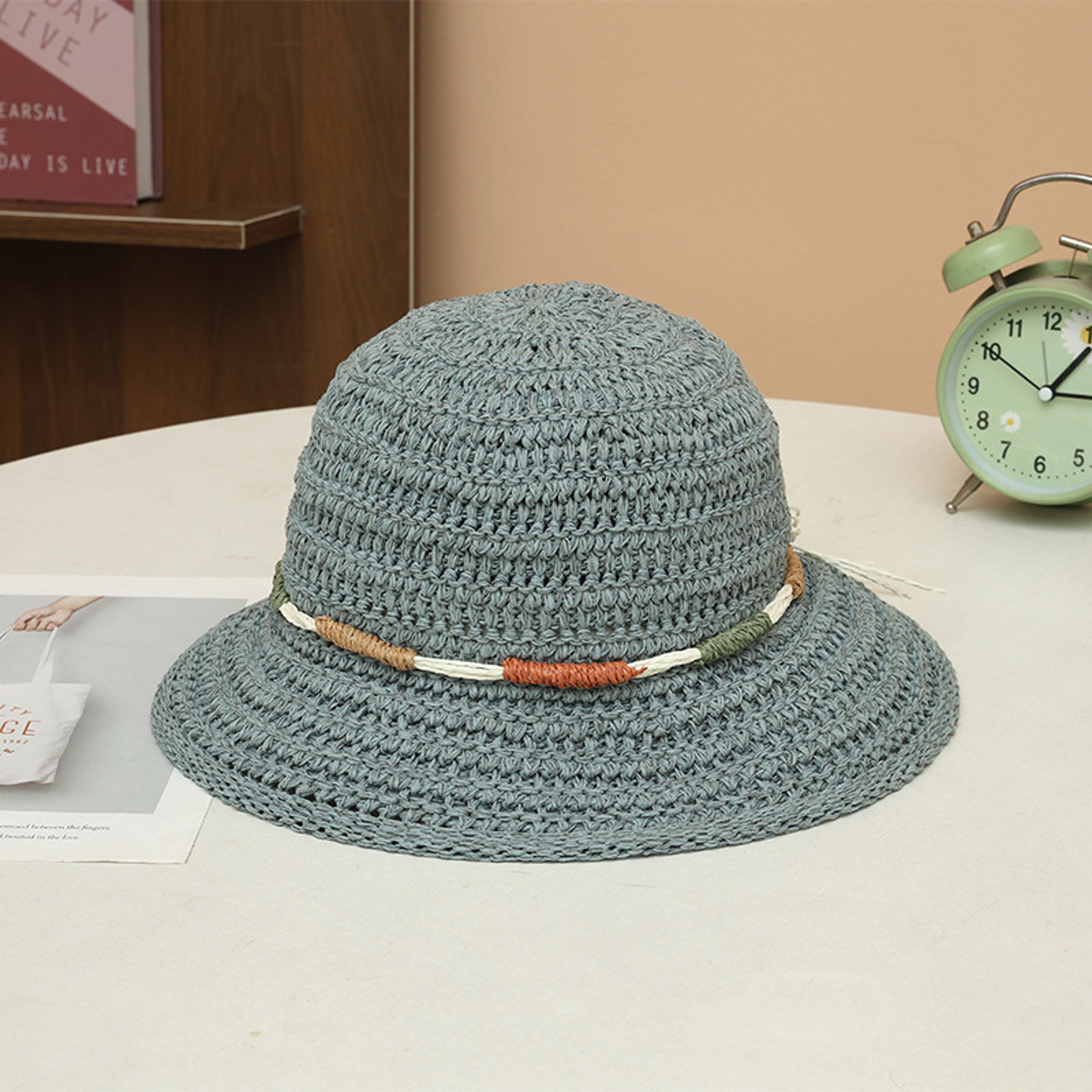 Elegant Women Straw Bucket Hat Wide Brim UV Protection Crochet Beach Sun Hat 5
