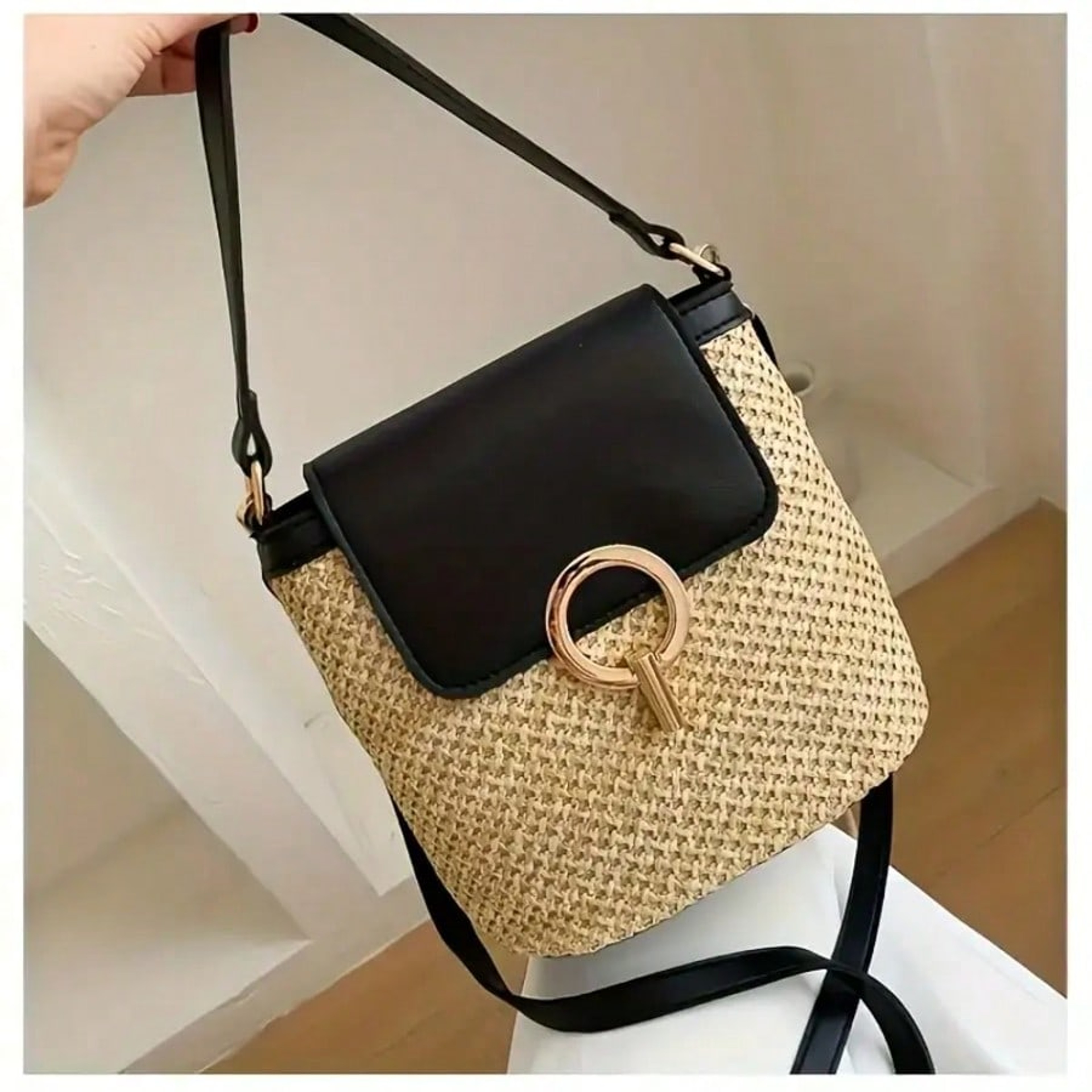 Coastal Chic Woven Crossbody Bag with Adjustable Strap & Golden Locks – view 1