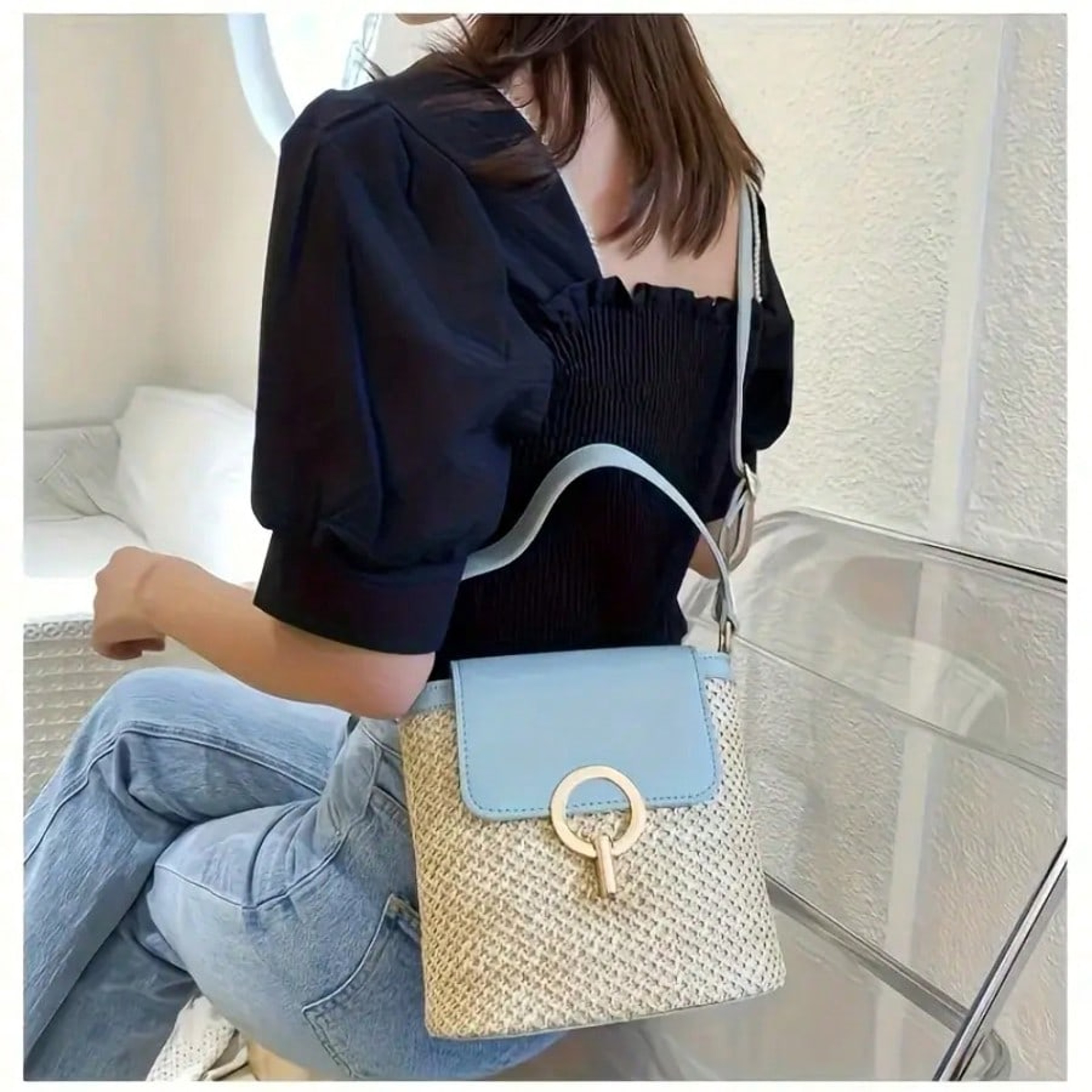 Coastal Chic Woven Crossbody Bag with Adjustable Strap & Golden Locks – view 5