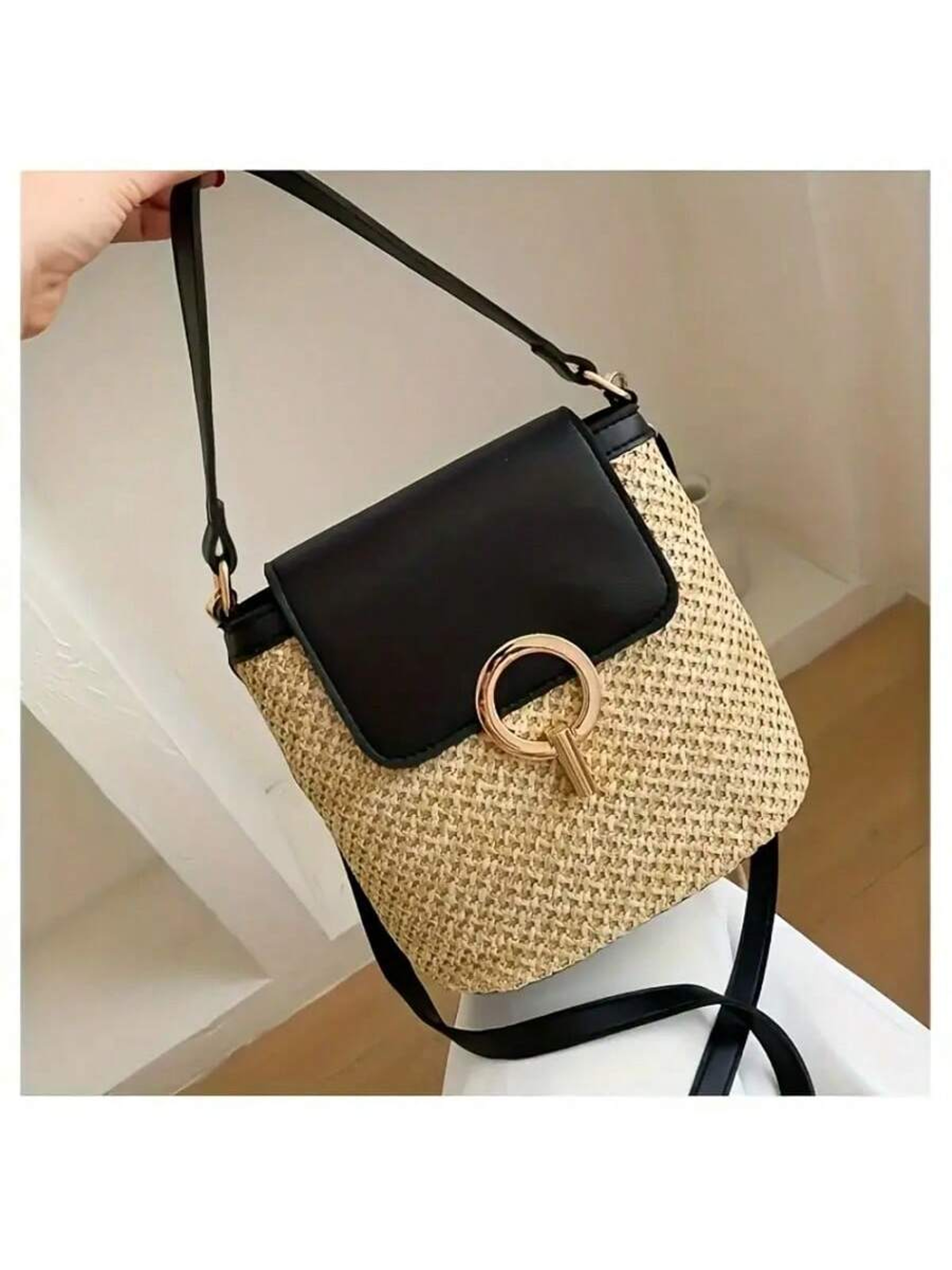 Coastal Chic Woven Crossbody Bag with Adjustable Strap & Golden Locks – view 7