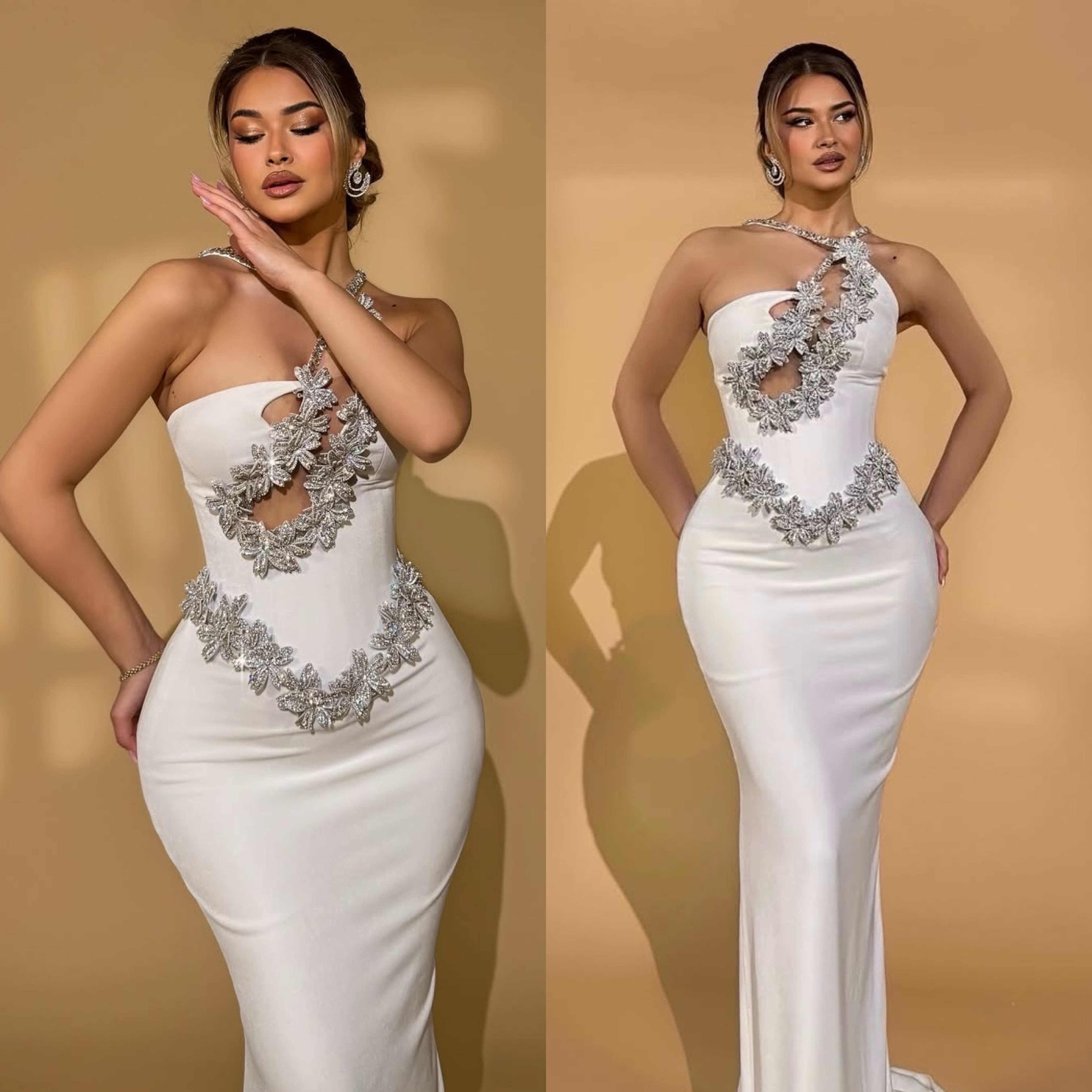 Elegant One Shoulder Dress White Bodycon Dress With Rhinestone Backless Bandage Fit 0