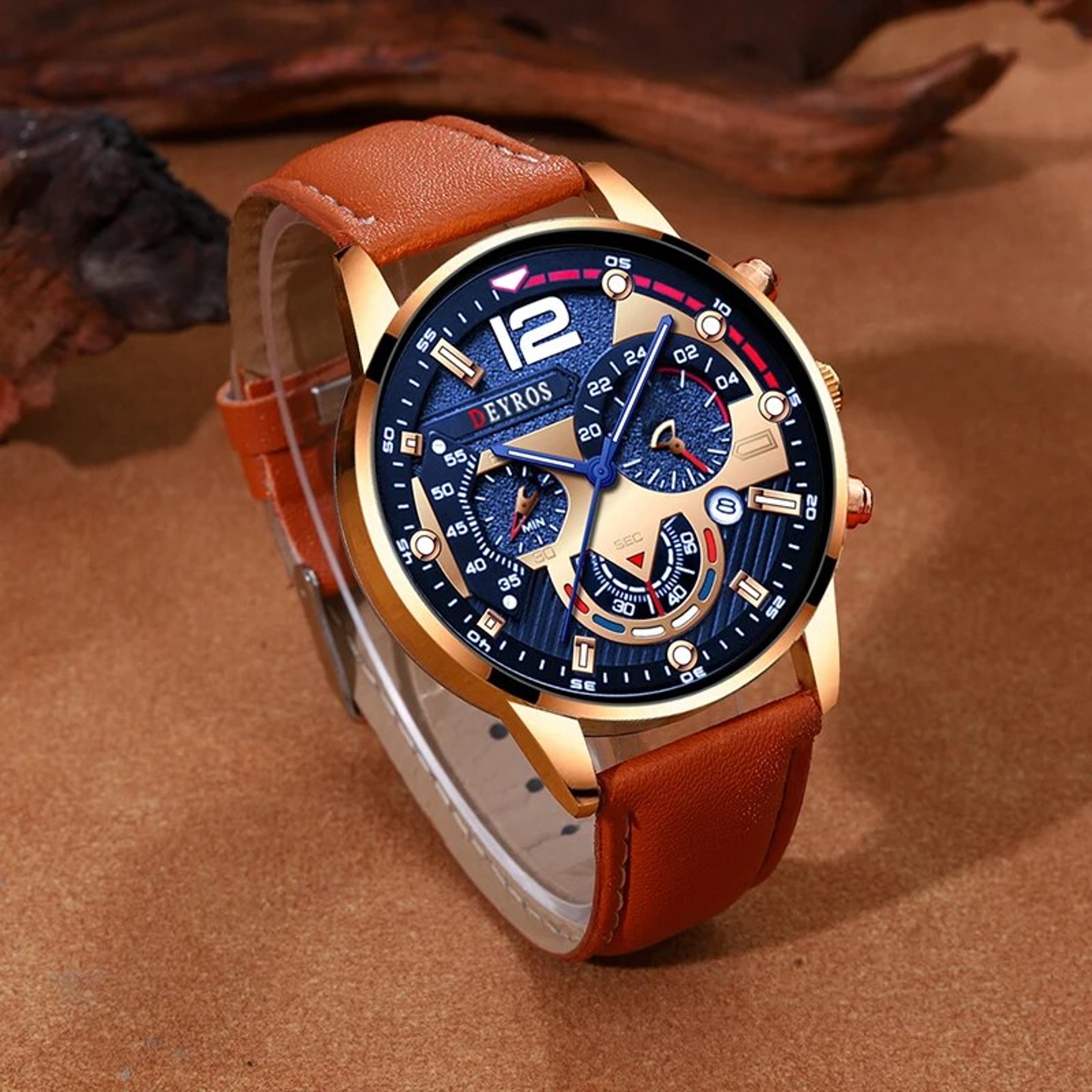 Prestige Mens Quartz Watch  Bracelet Set With Calendar Brown Leather Business Casual Watch 3