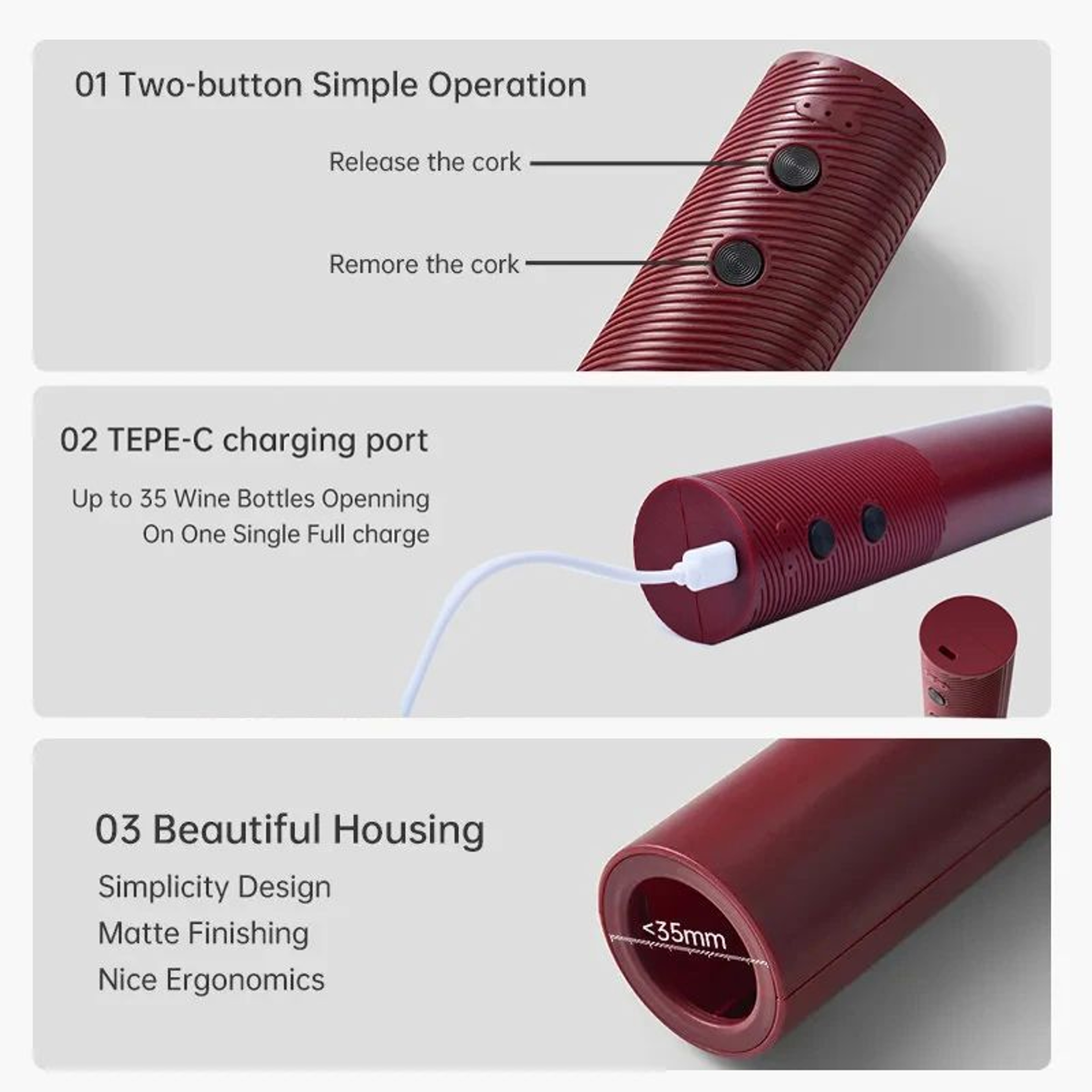 Electric Wine Bottle Opener Rechargeable Automatic Corkscrew With OneClick Button Portable And Cord 2