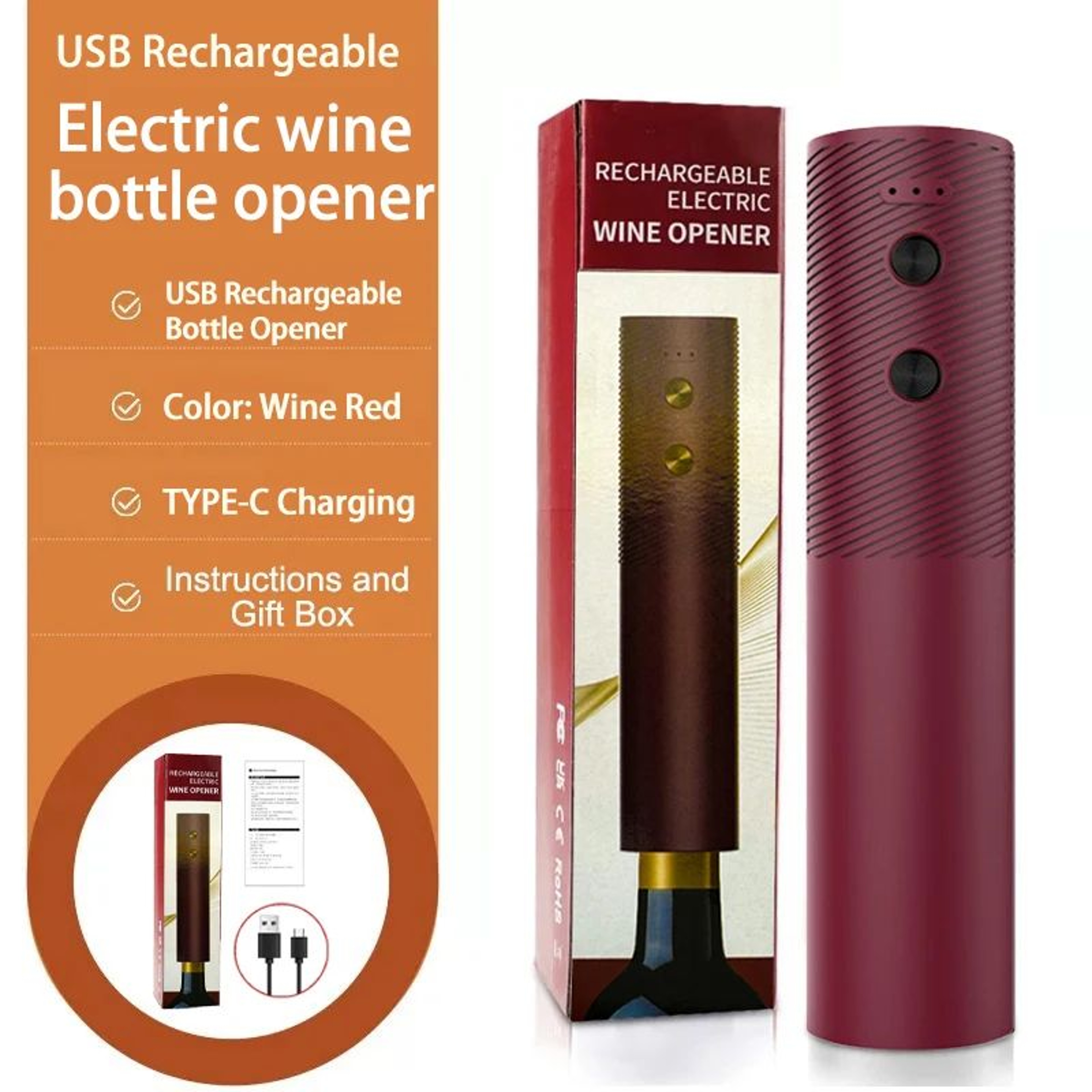 Electric Wine Bottle Opener Rechargeable Automatic Corkscrew With OneClick Button Portable And Cord 6