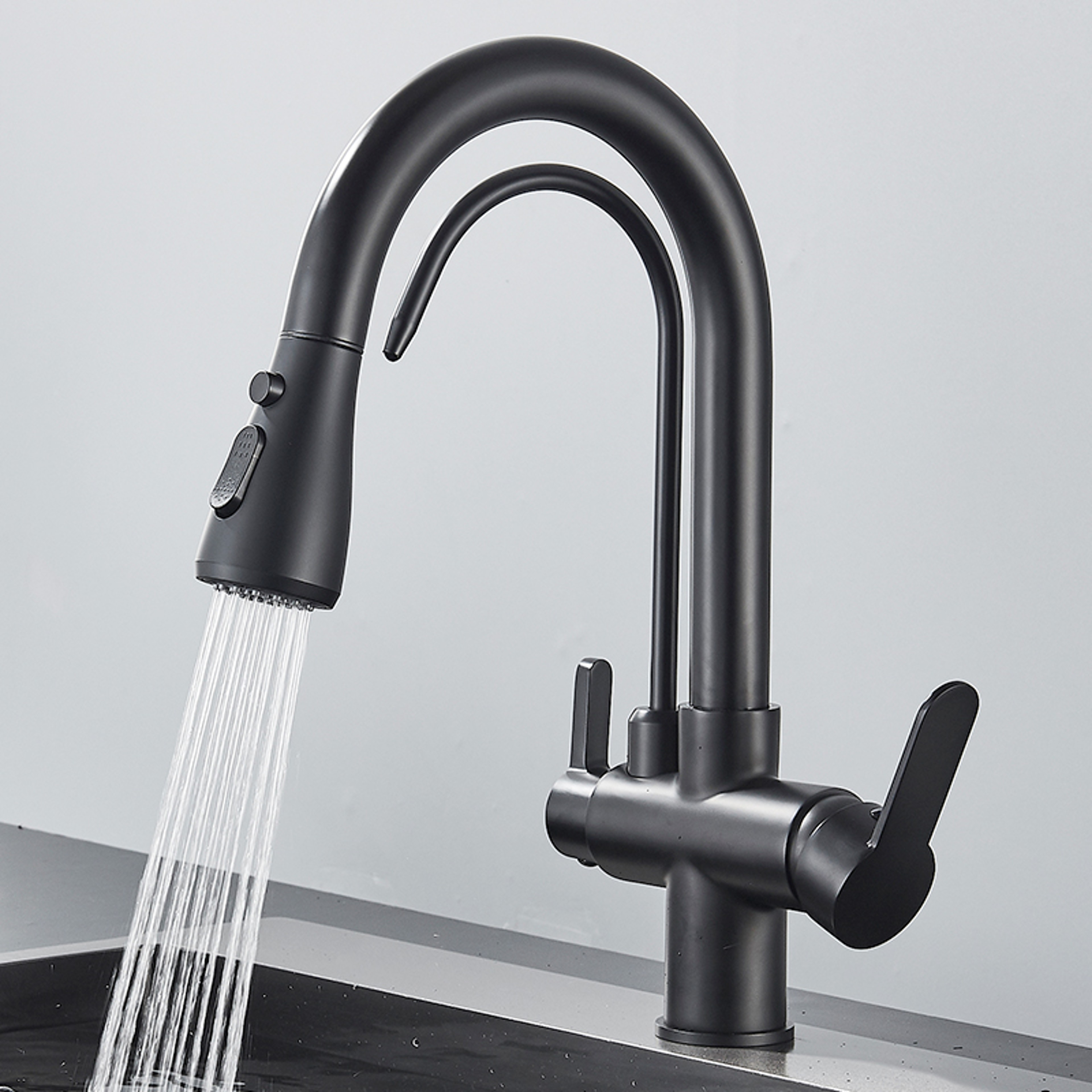 Matte Black Filtered Crane Kitchen Faucet Pull Out Spray Rotation Water Filter Tap Three Ways Sink  1