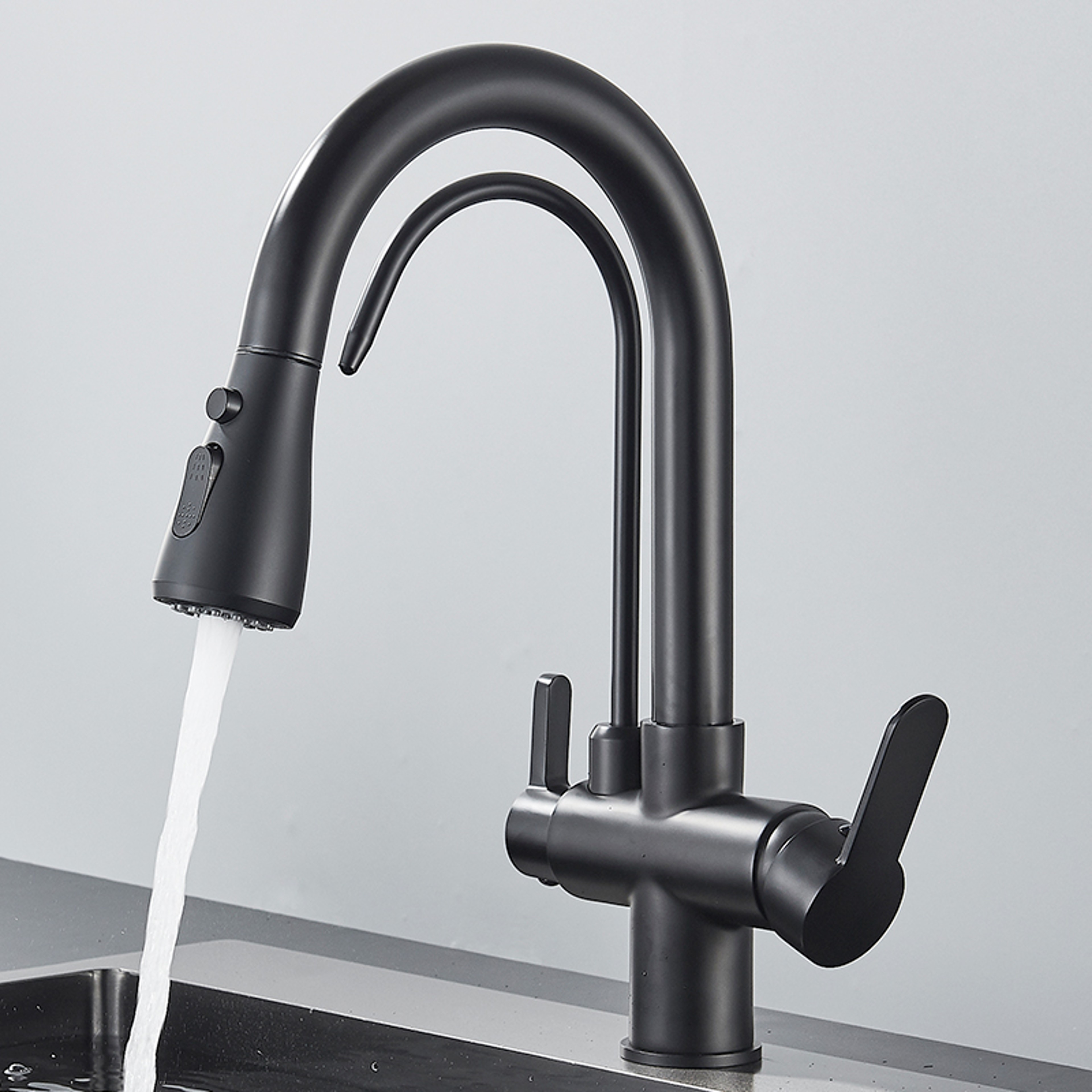 Matte Black Filtered Crane Kitchen Faucet Pull Out Spray Rotation Water Filter Tap Three Ways Sink  2