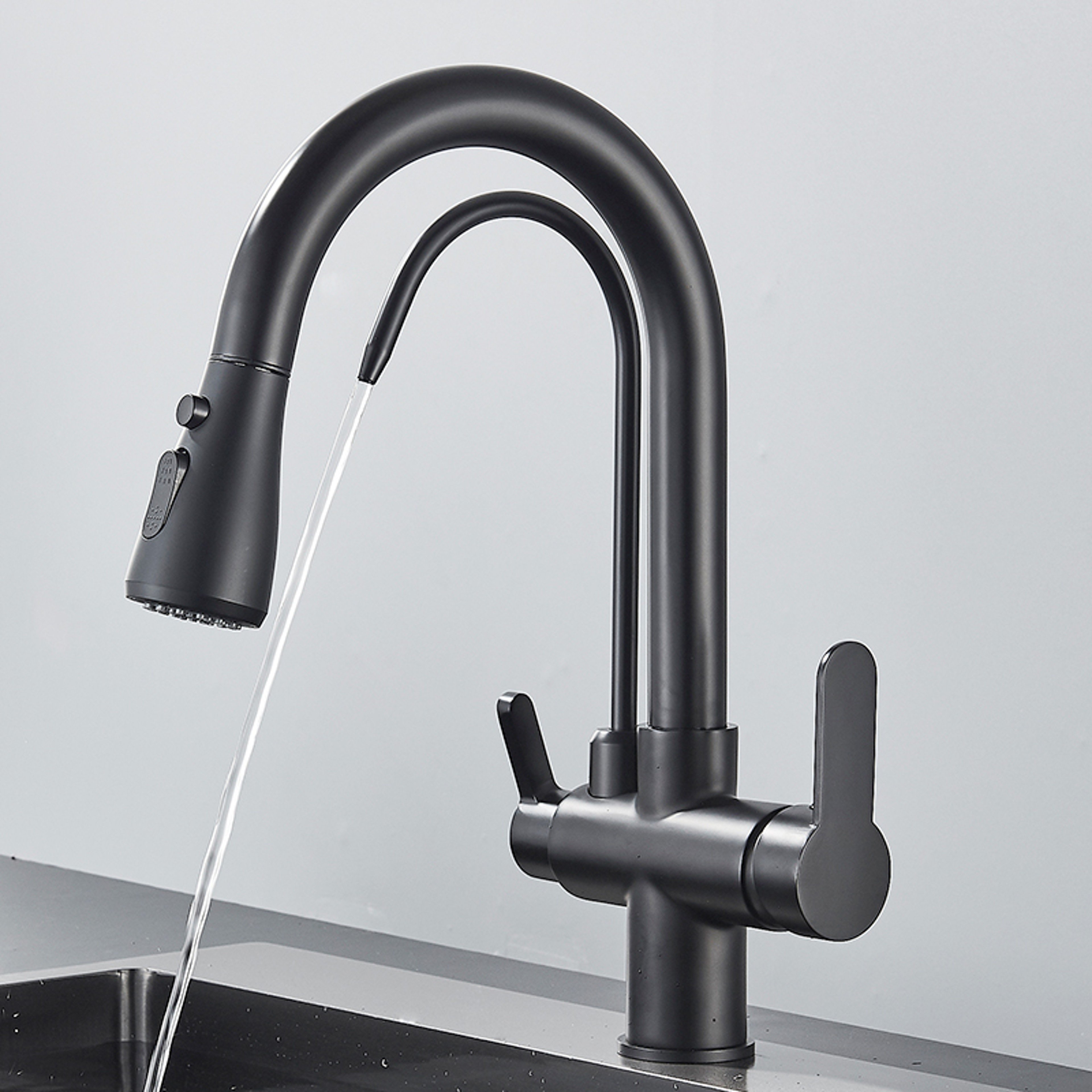 Matte Black Filtered Crane Kitchen Faucet Pull Out Spray Rotation Water Filter Tap Three Ways Sink  3