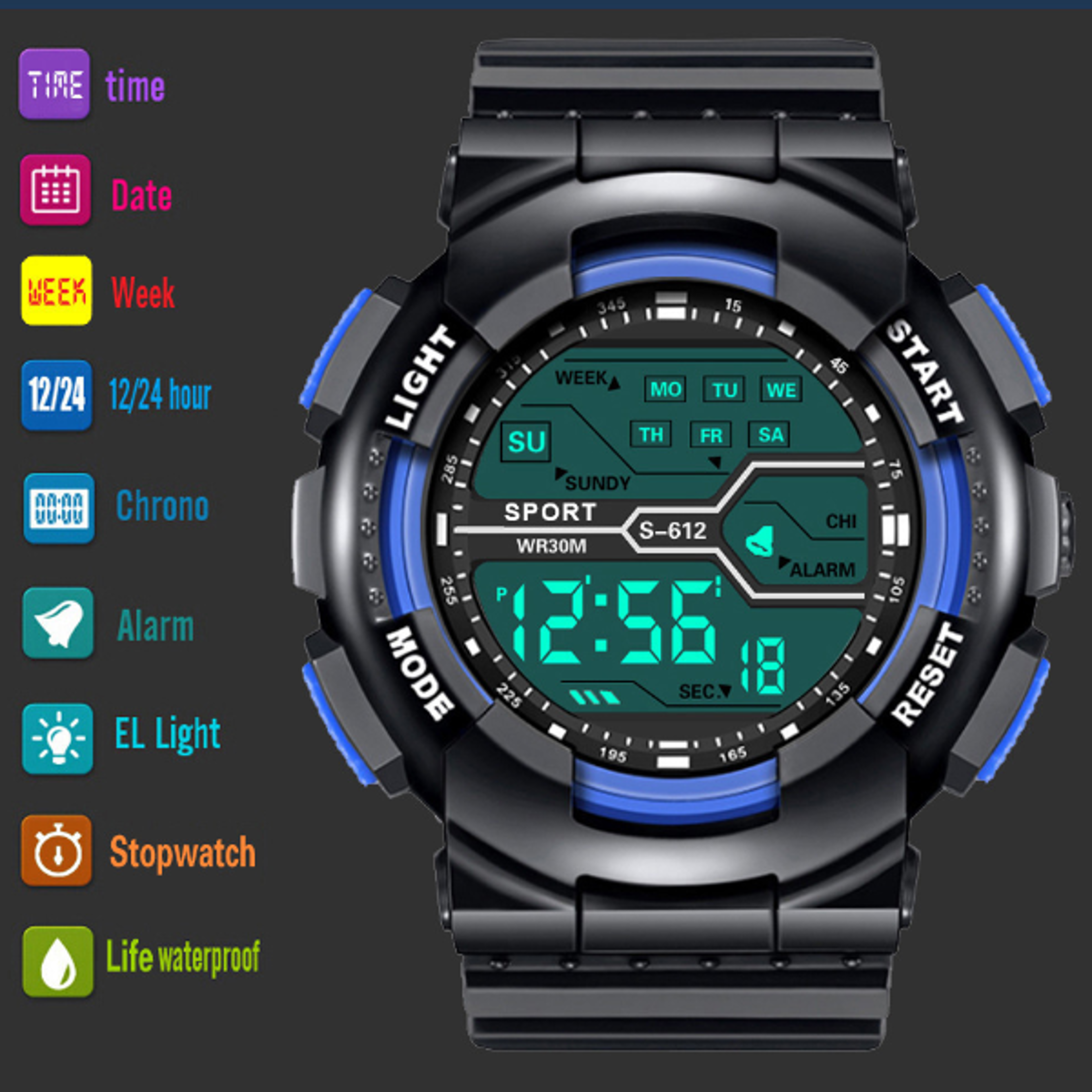 Mens Waterproof Digital Sports Watch with Luminous Display