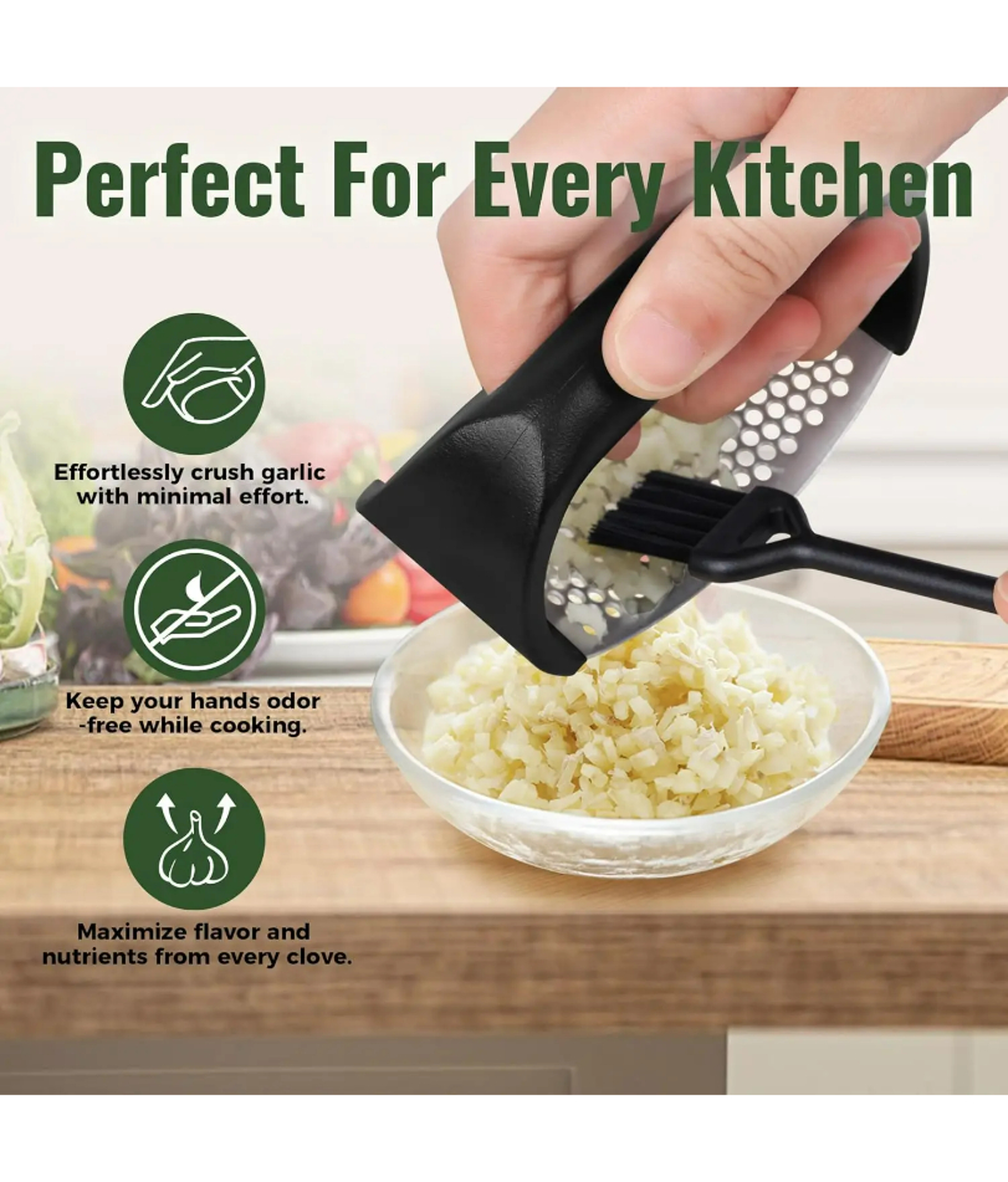 Stainless Steel Garlic Press Rocker Garlic Mincer Crusher with Peeler & Cleaning Brush – view 3