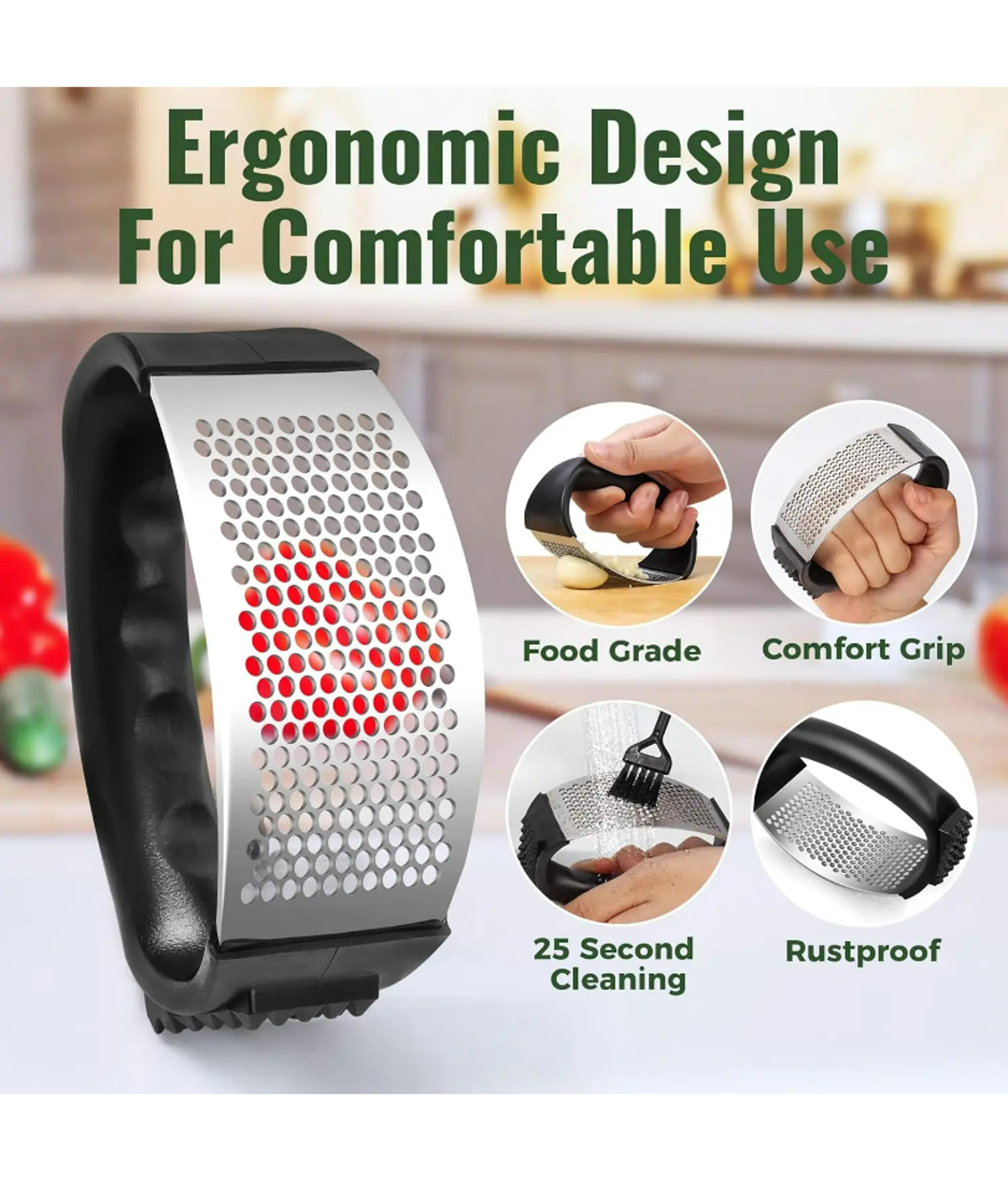 Stainless Steel Garlic Press Rocker Garlic Mincer Crusher with Peeler & Cleaning Brush – view 4