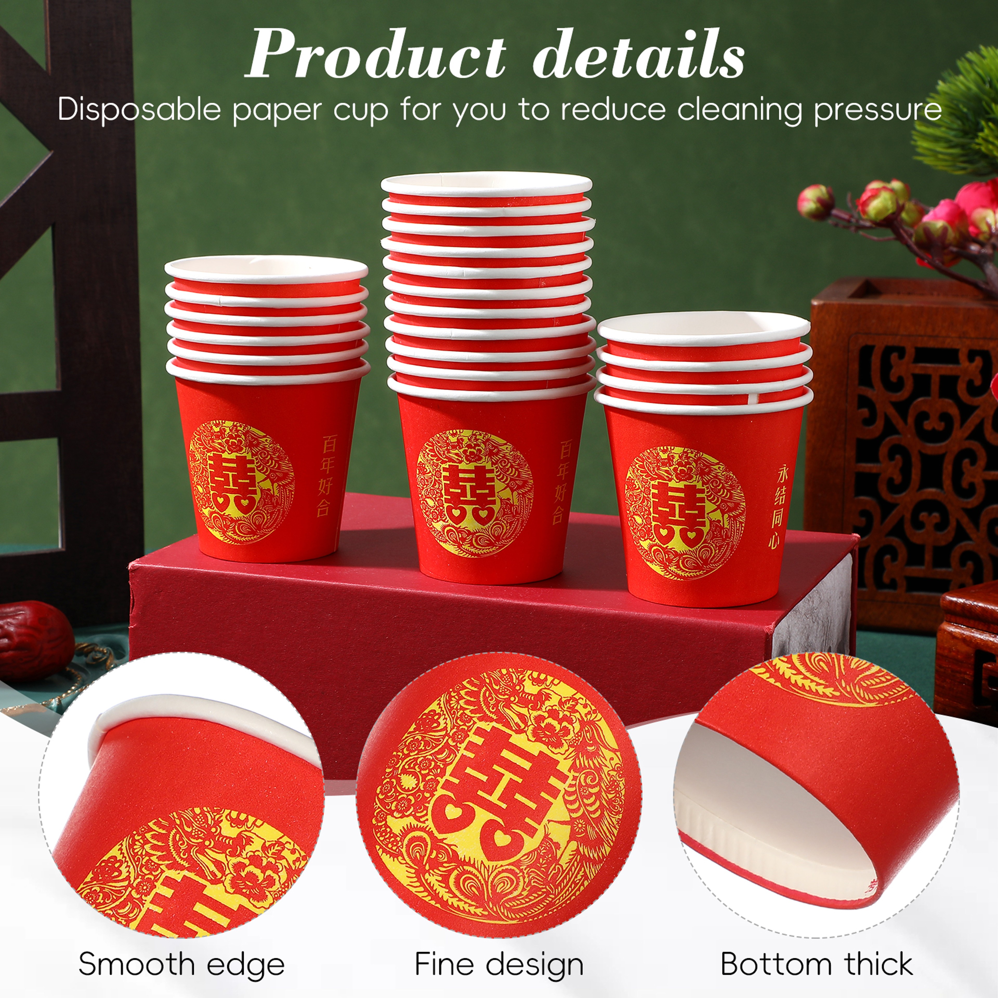 Premium Red Wedding Paper Cups Tea Ceremony & Double Happiness Disposable Cups – view 4