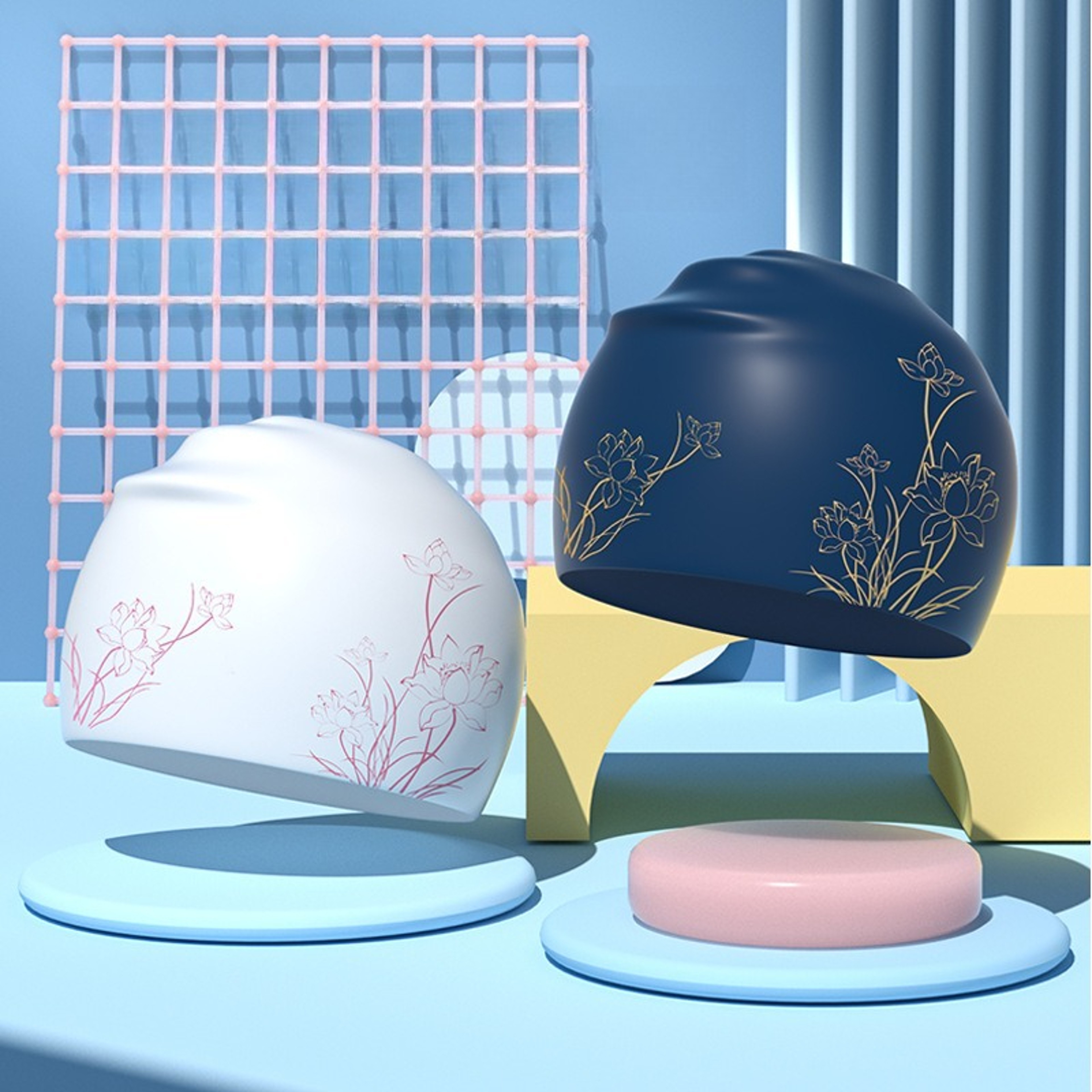 Lotus Print Silicone Swim Cap For Long Hair With Ear Protection 1