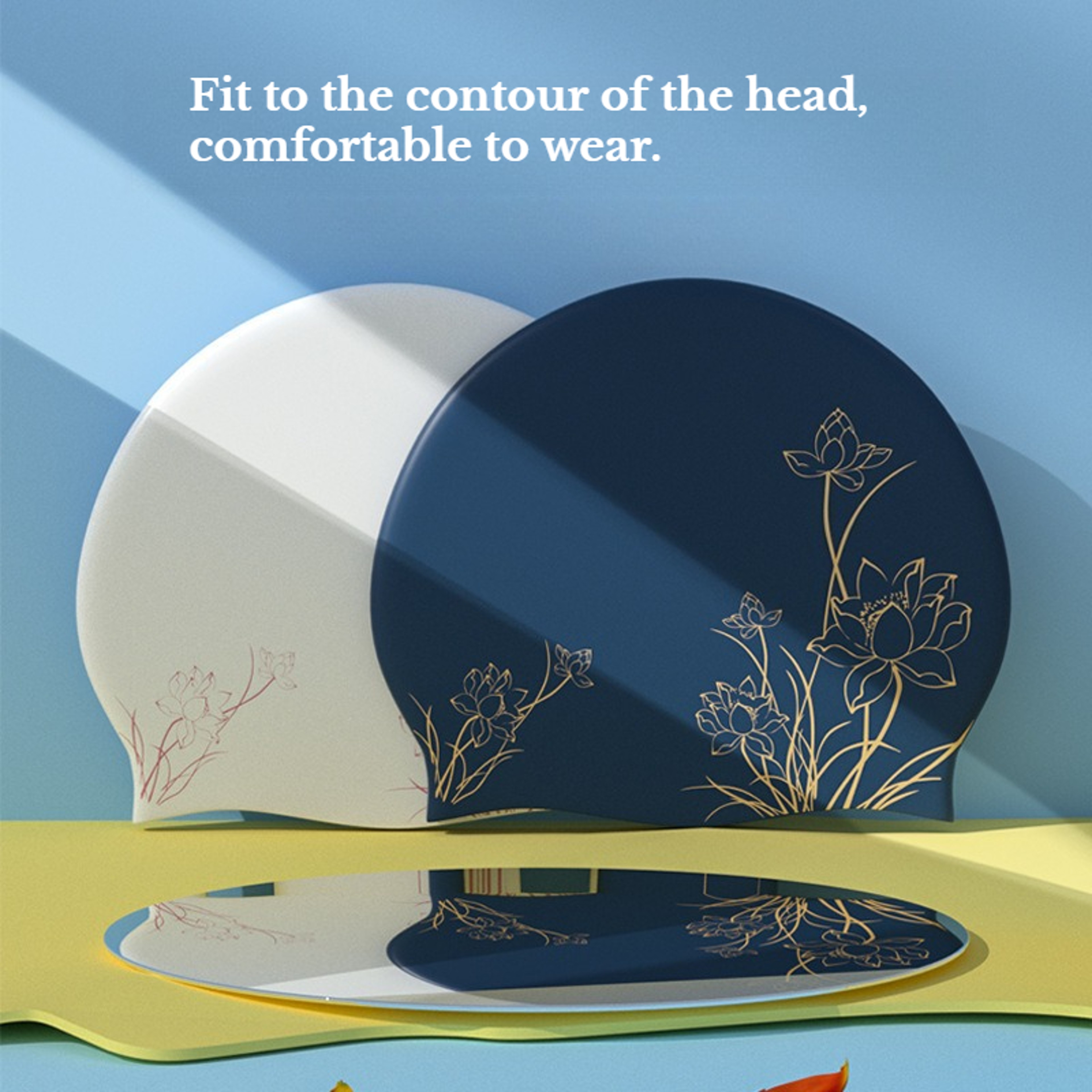Lotus Print Silicone Swim Cap For Long Hair With Ear Protection 2