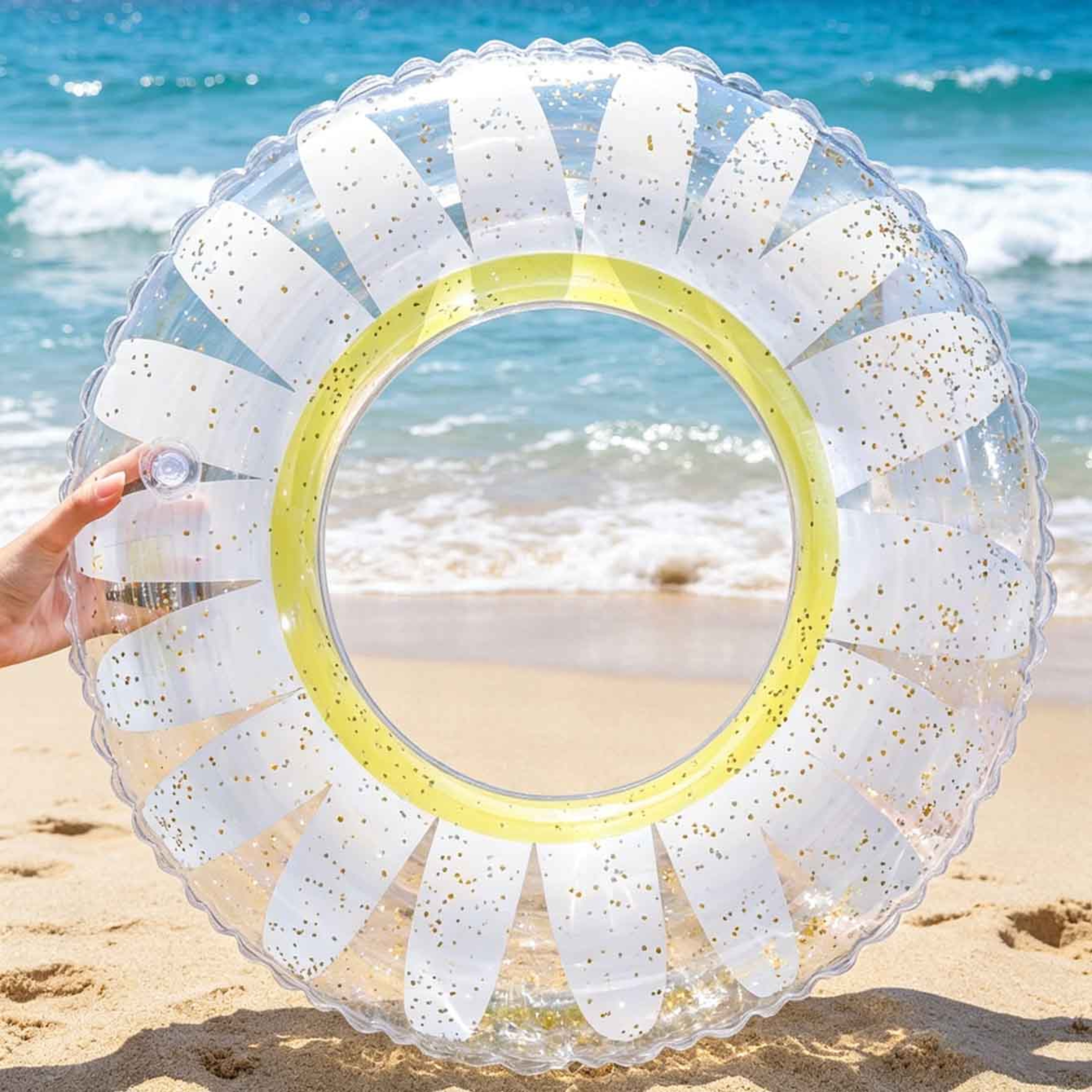 Clear Daisy Glitter Inflatable Swim Ring Premium Floral Pool Float For Summer Beach  Pool Fun 4