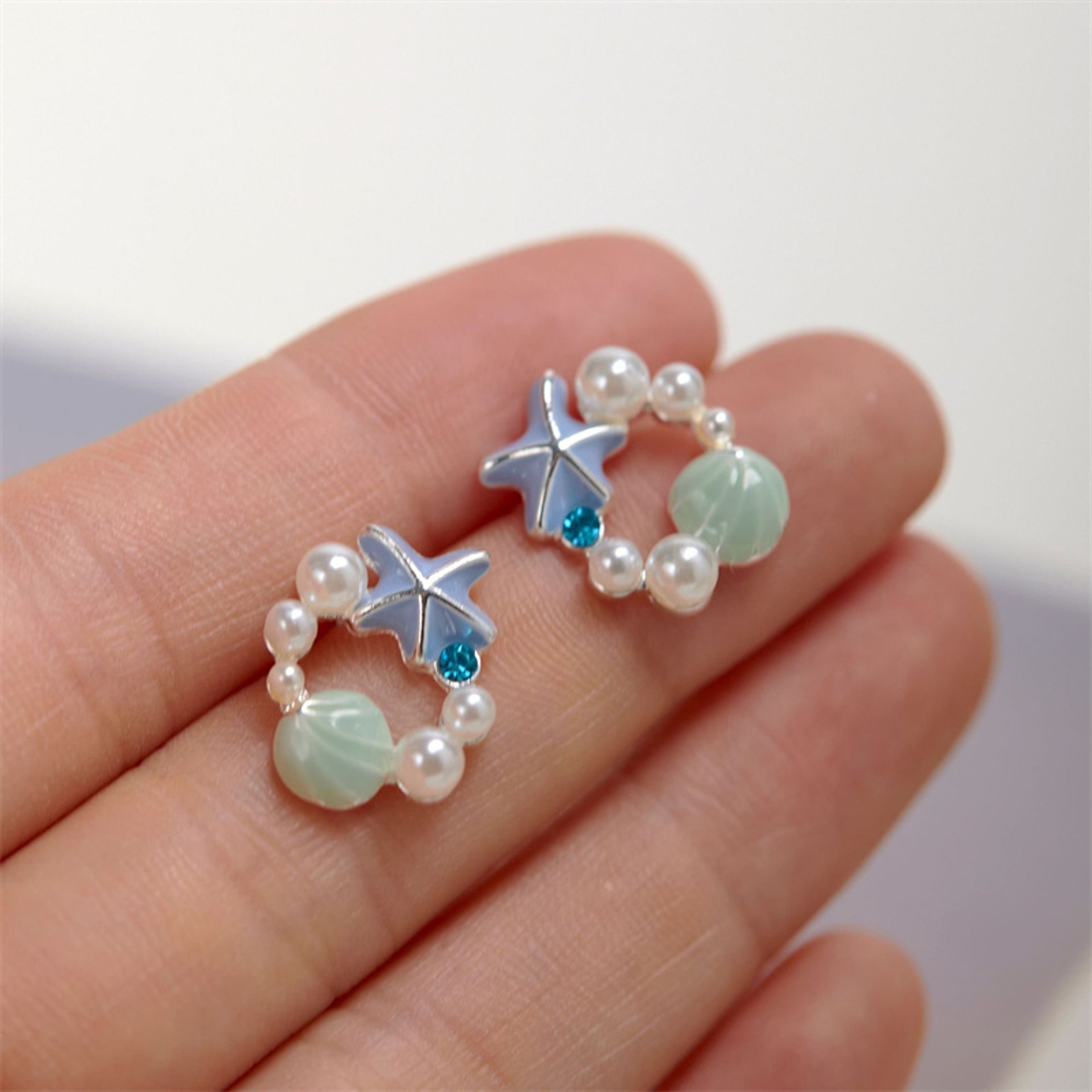 Ocean Style Starfish Earrings with Blue Shell, Pearl & Zircon Stud Design – view 2