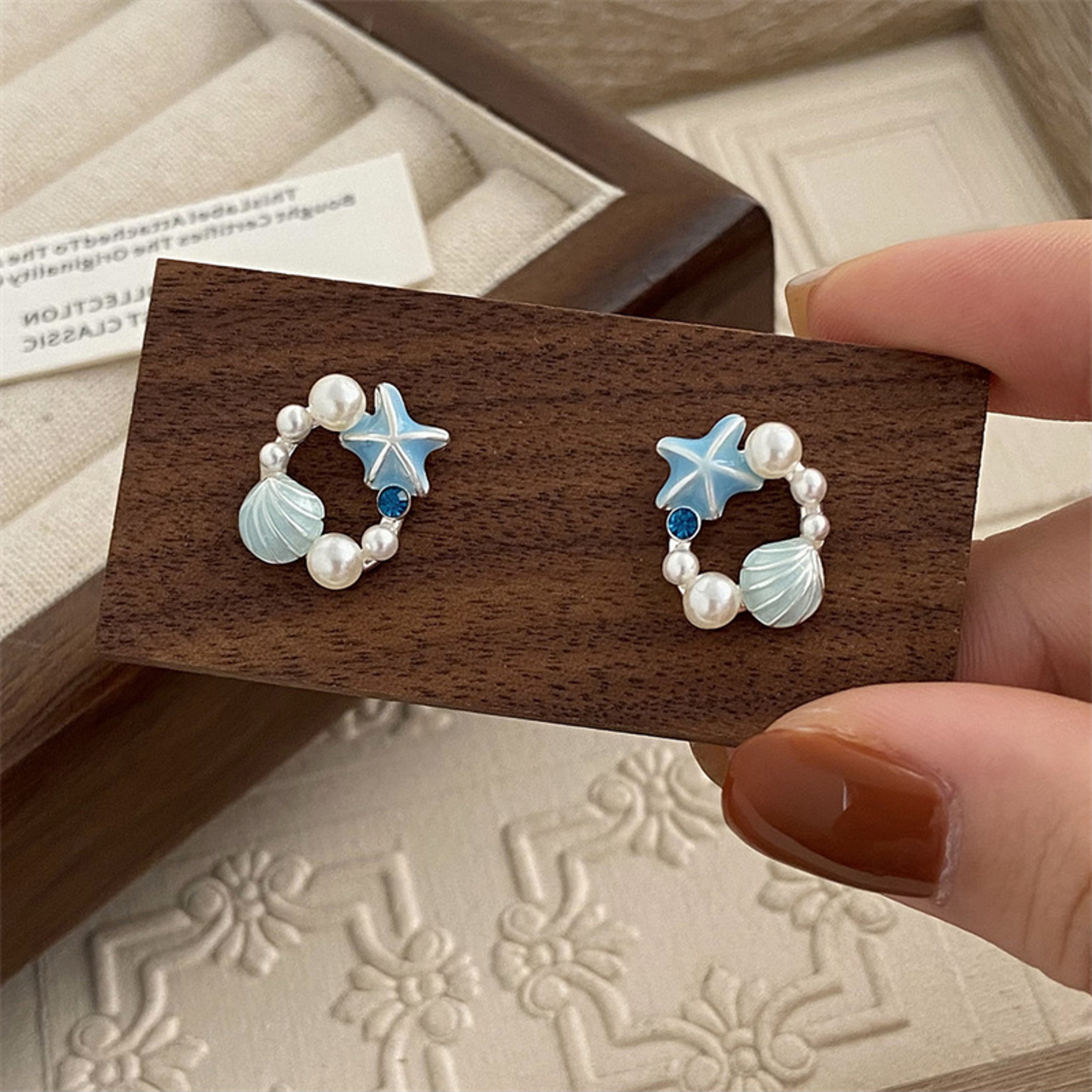 Ocean Style Starfish Earrings with Blue Shell, Pearl & Zircon Stud Design – view 4
