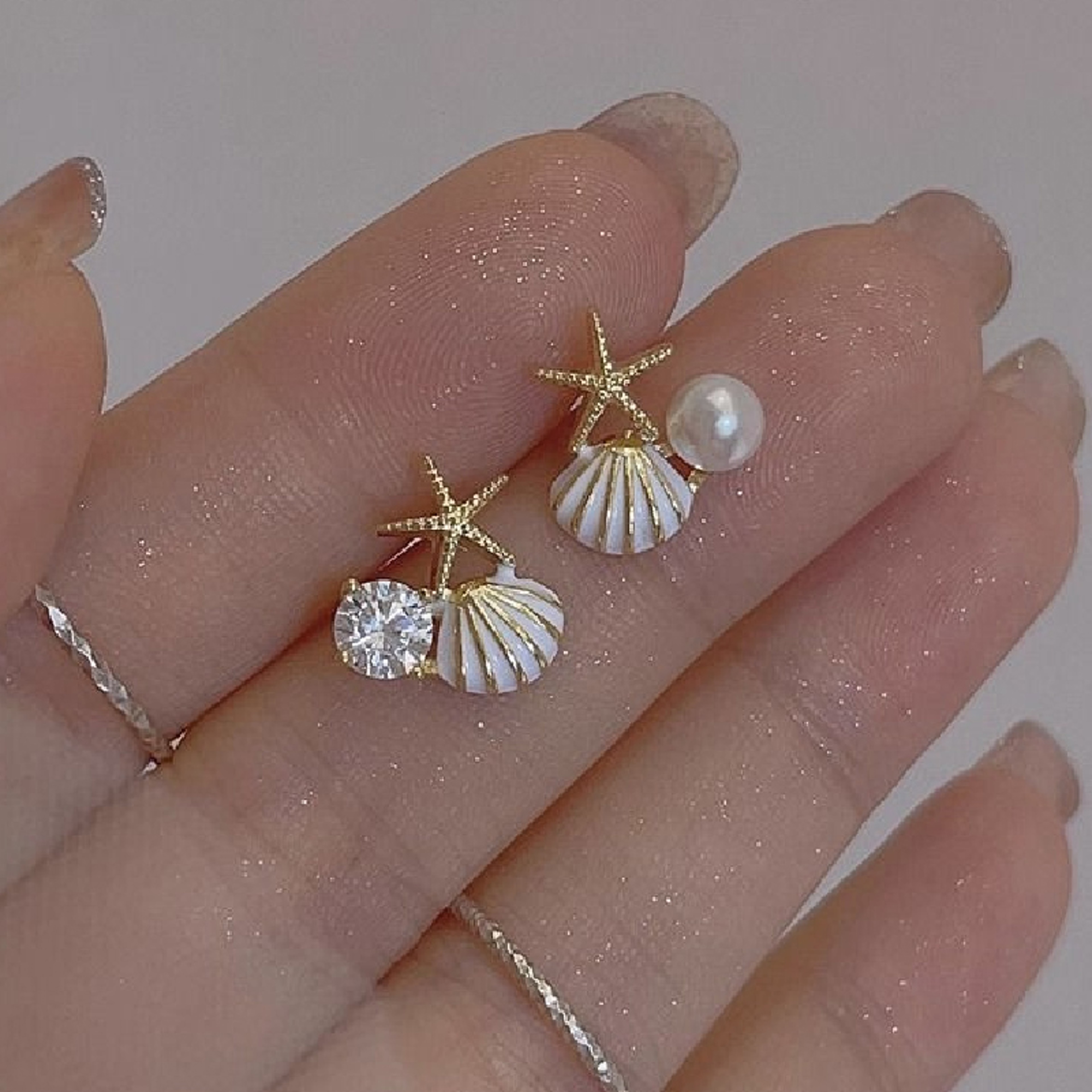 Ocean Style Starfish Earrings with Blue Shell, Pearl & Zircon Stud Design – view 7