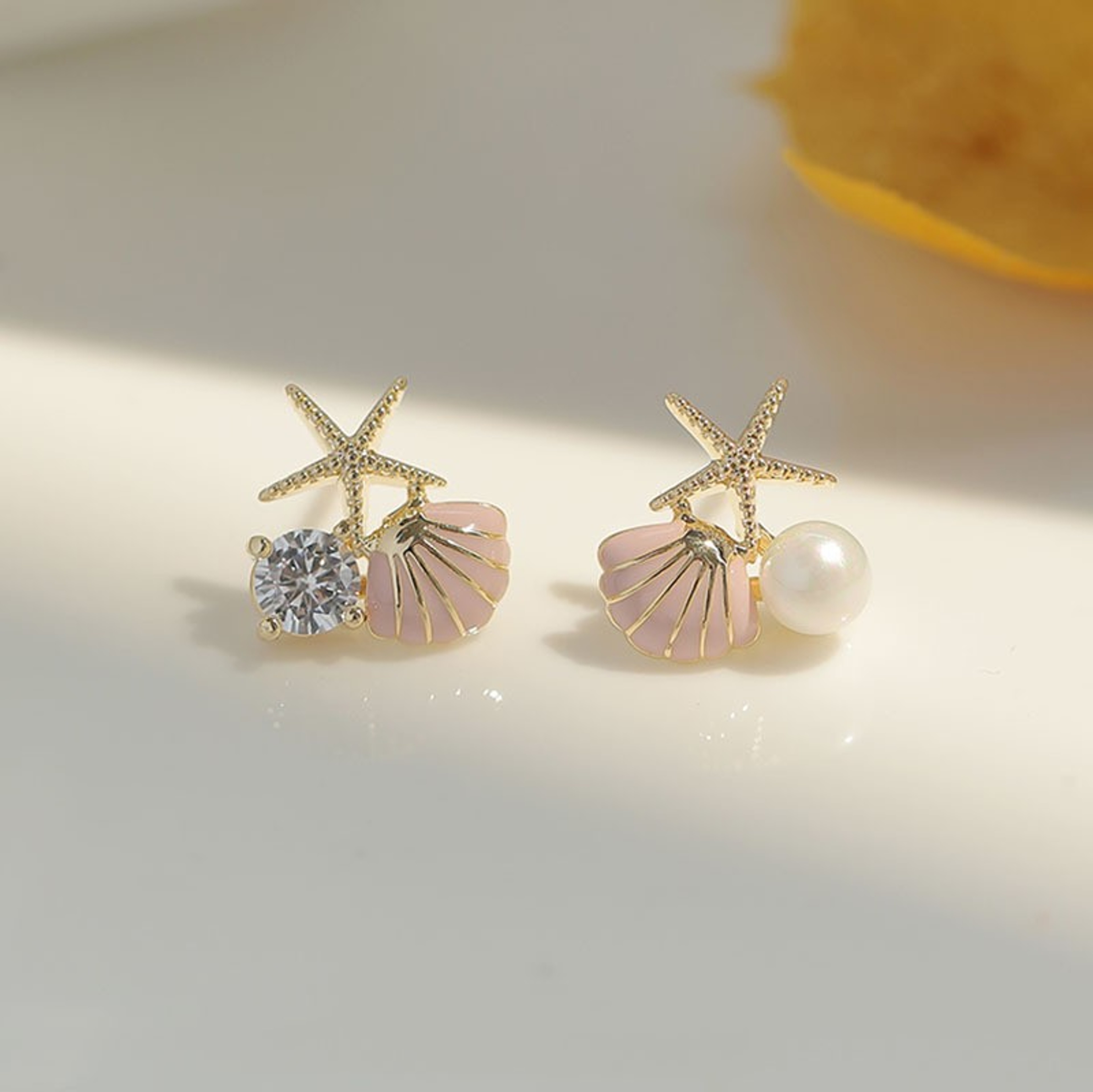 Ocean Style Starfish Earrings with Blue Shell, Pearl & Zircon Stud Design – view 8