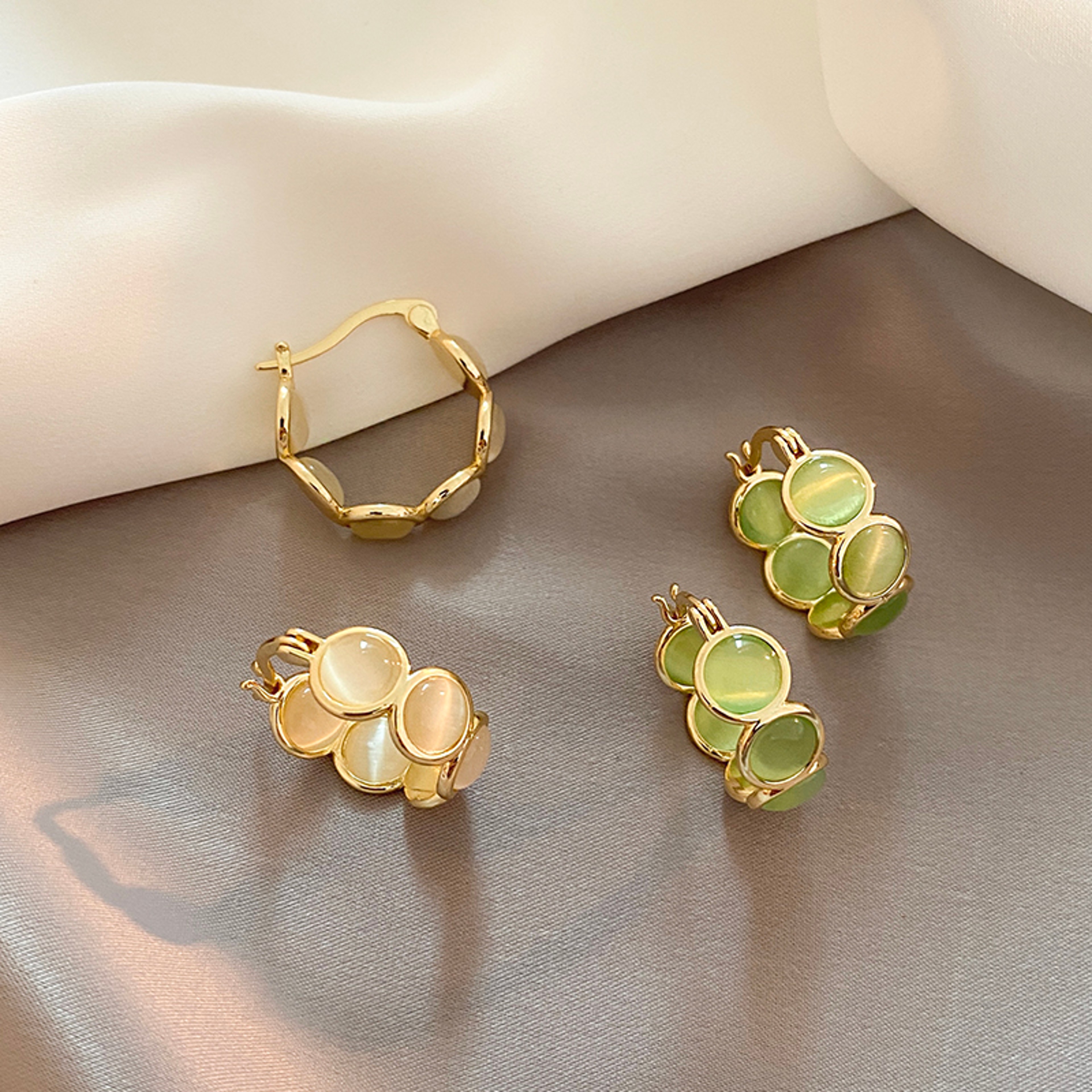 Elegant Opal Hoop Earrings for Women Korean Round Hoop Earrings with White & Green Opal Design – view 3