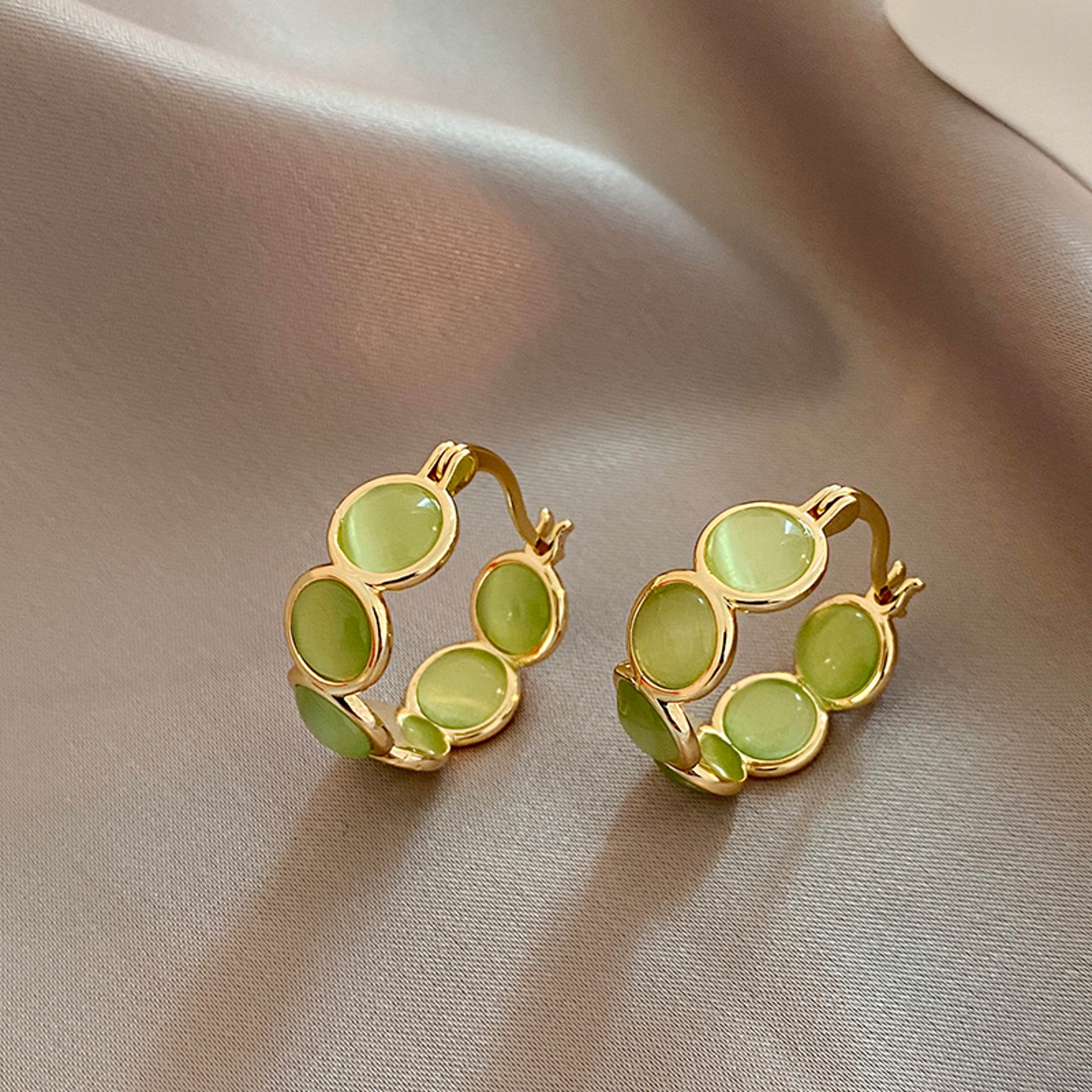 Elegant Opal Hoop Earrings for Women Korean Round Hoop Earrings with White & Green Opal Design – view 7
