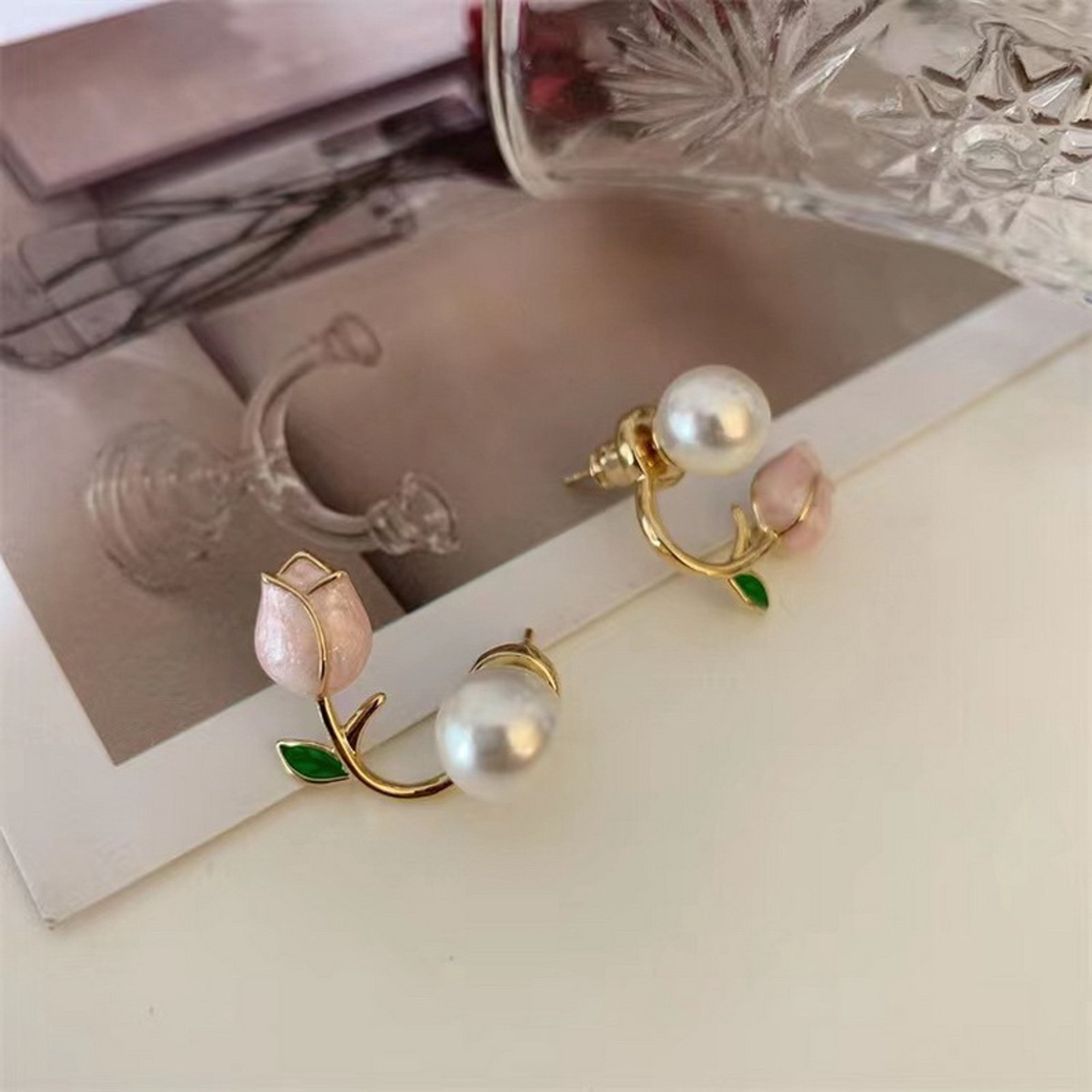 Tulip Stud Earrings with Pearl & Zircon Floral Design for Women – view 5