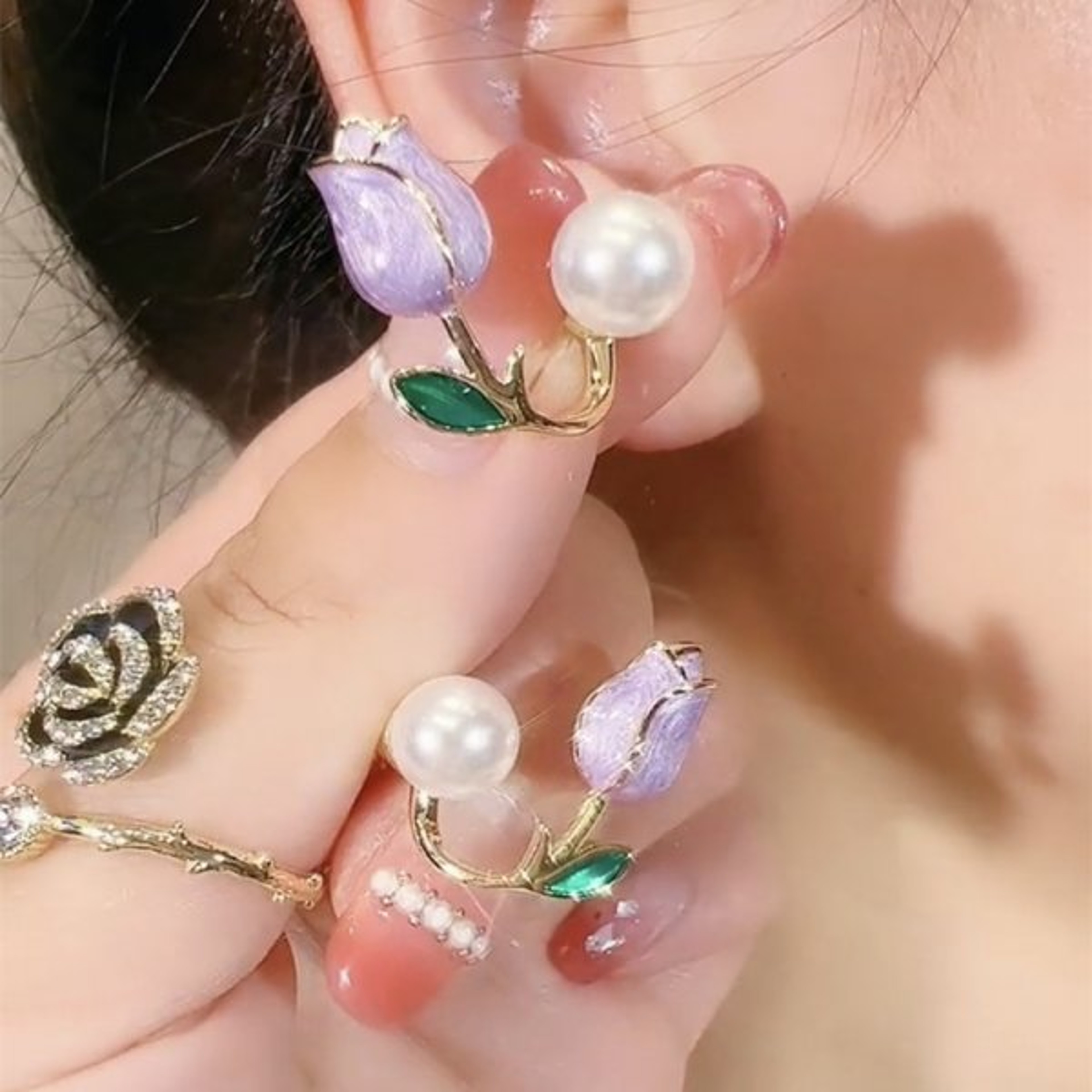 Tulip Stud Earrings with Pearl & Zircon Floral Design for Women – view 16