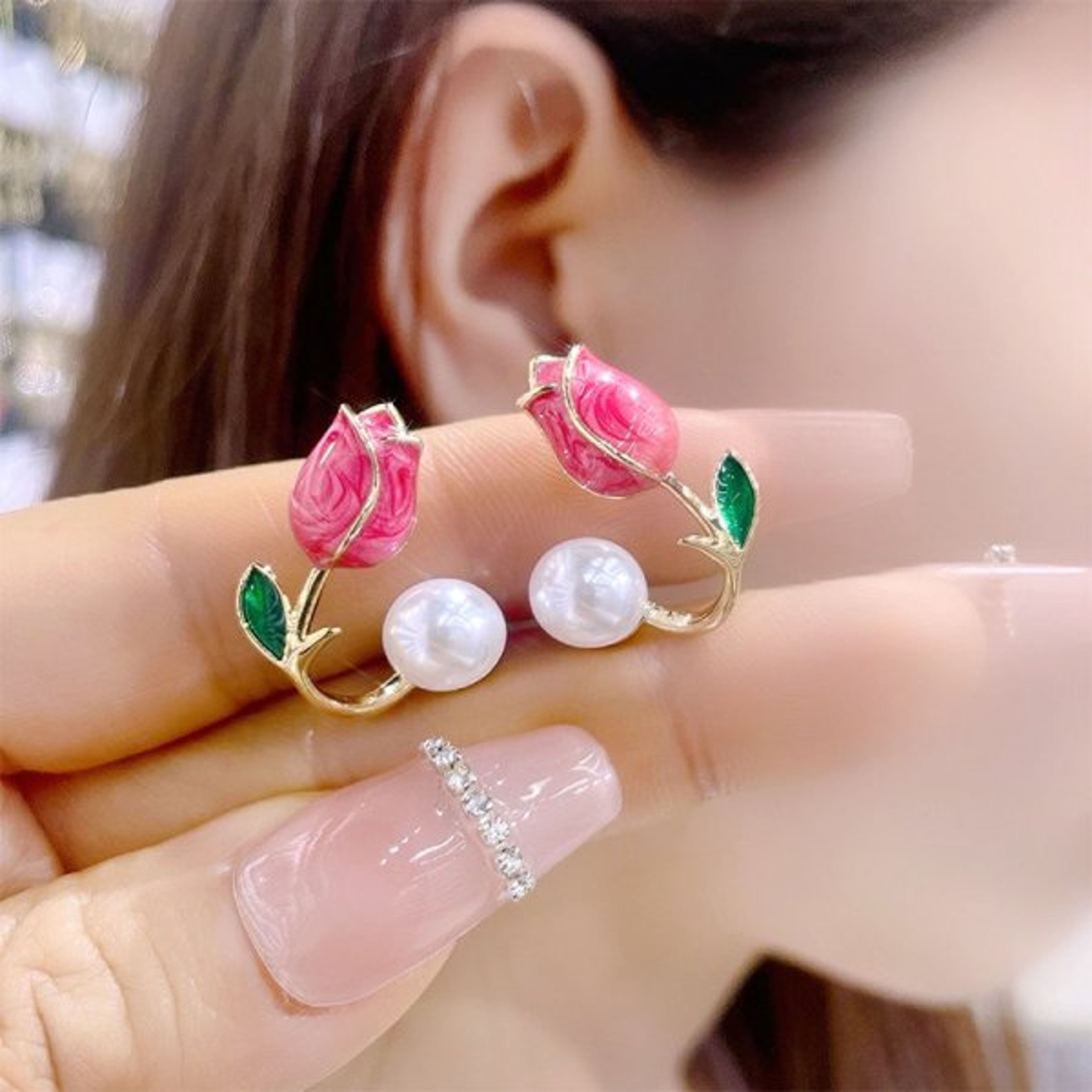 Tulip Stud Earrings with Pearl & Zircon Floral Design for Women – view 17