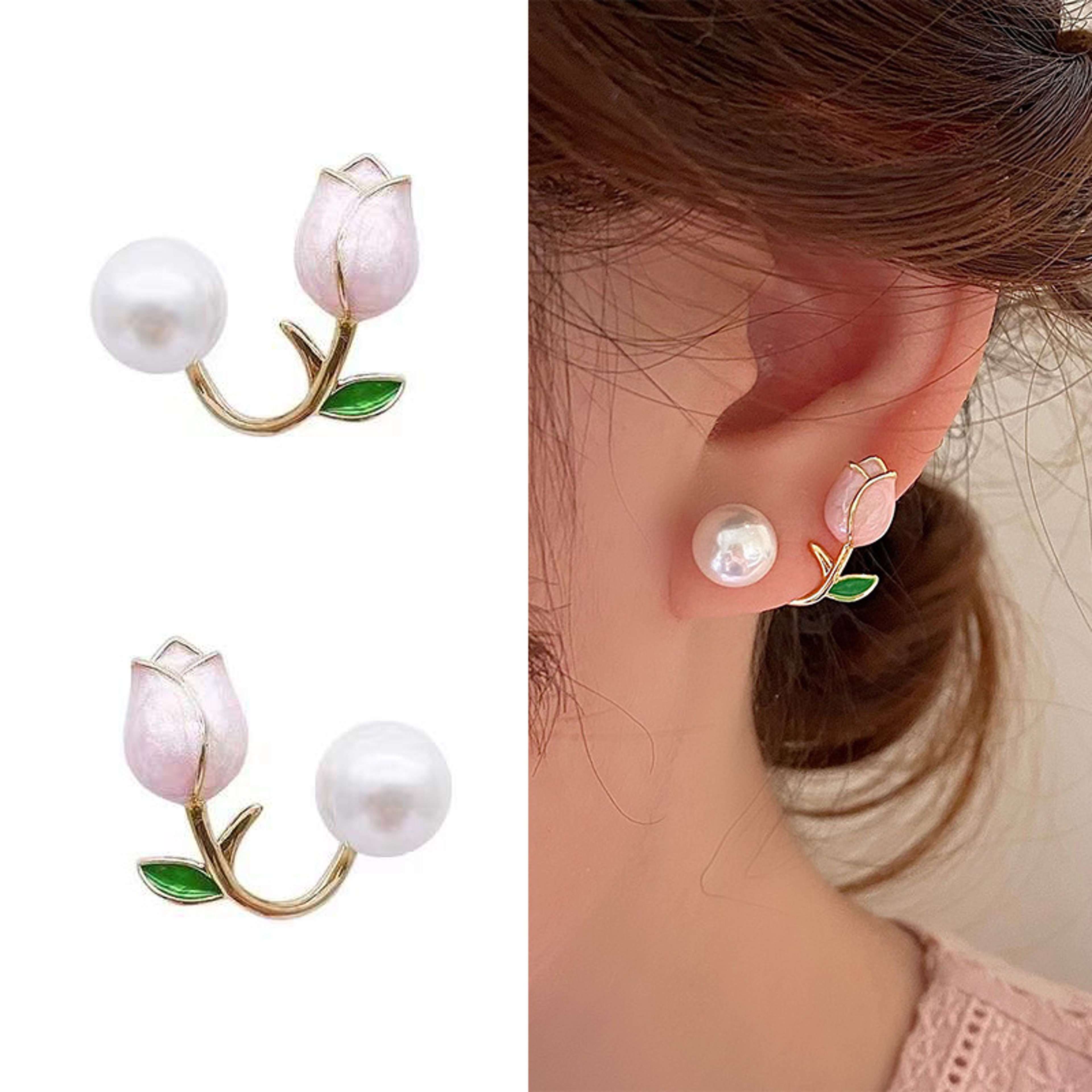 Tulip Stud Earrings with Pearl & Zircon Floral Design for Women – view 18